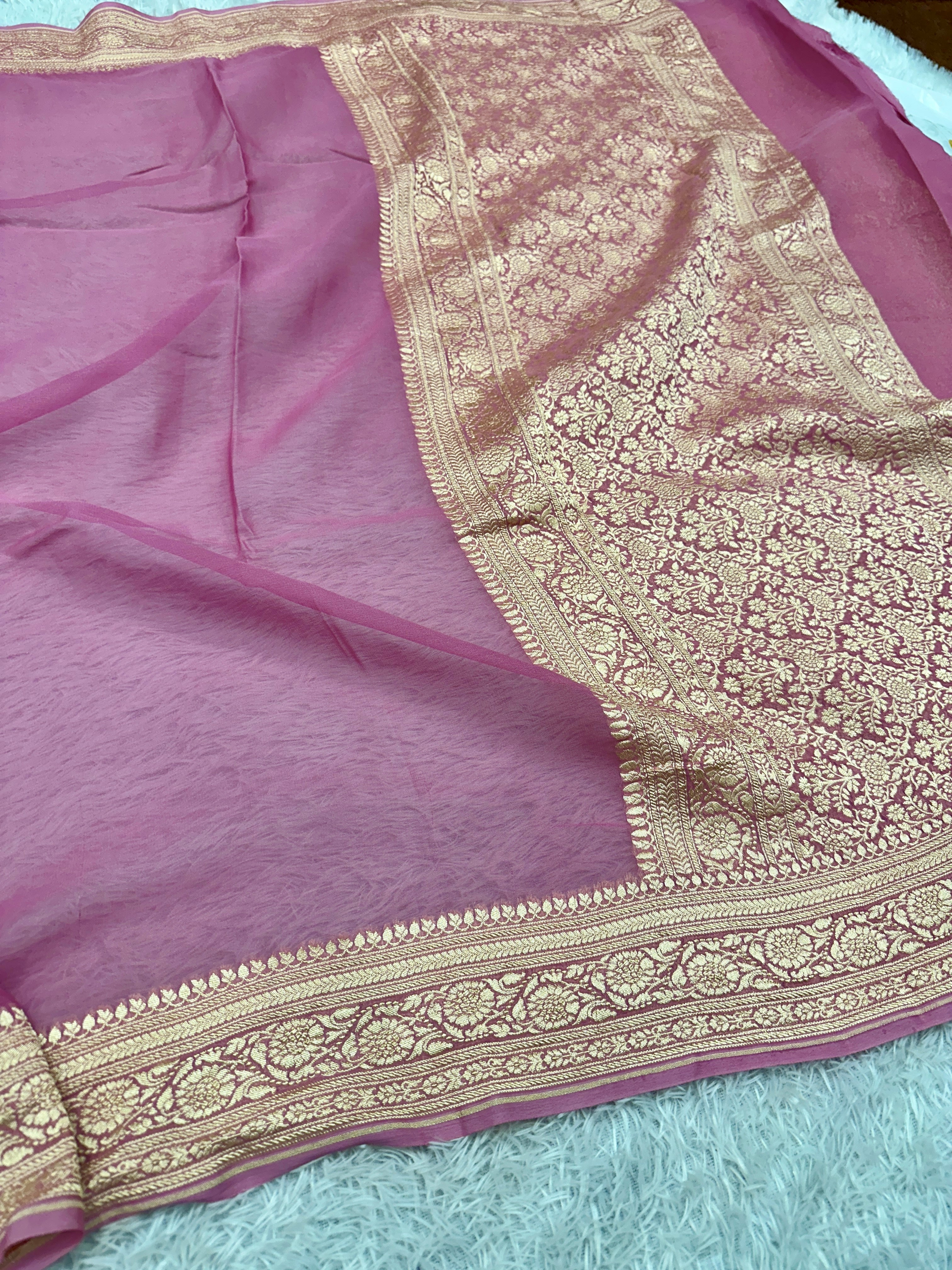 Pure Silk Georgette Strawberry Pink & Yellow Banarasi Saree with Nimzari Woven Border & Rich Zari Pallu