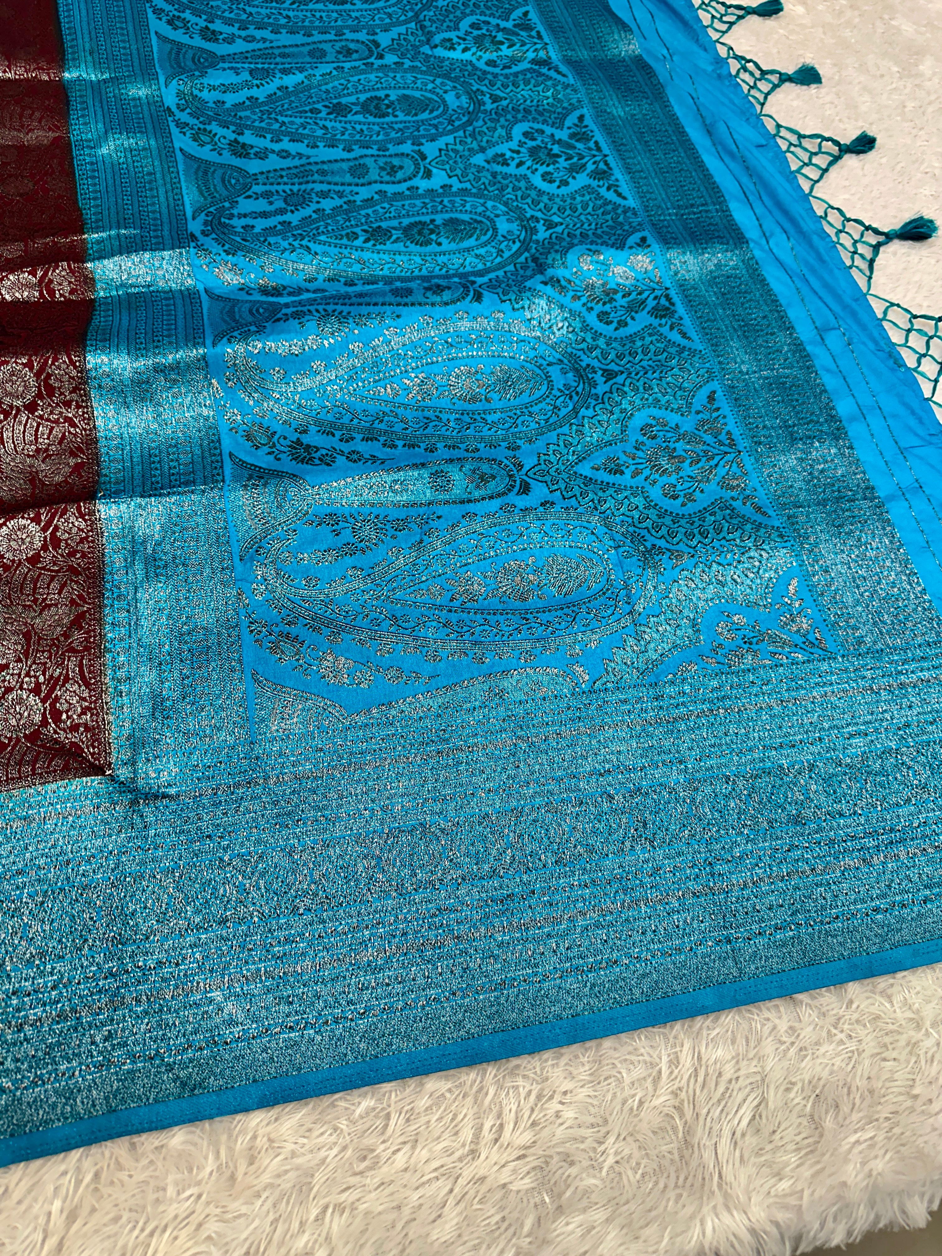 STF45 – Elegant Wine Dupion Saree with Silver-Black Antique Zari Weaving