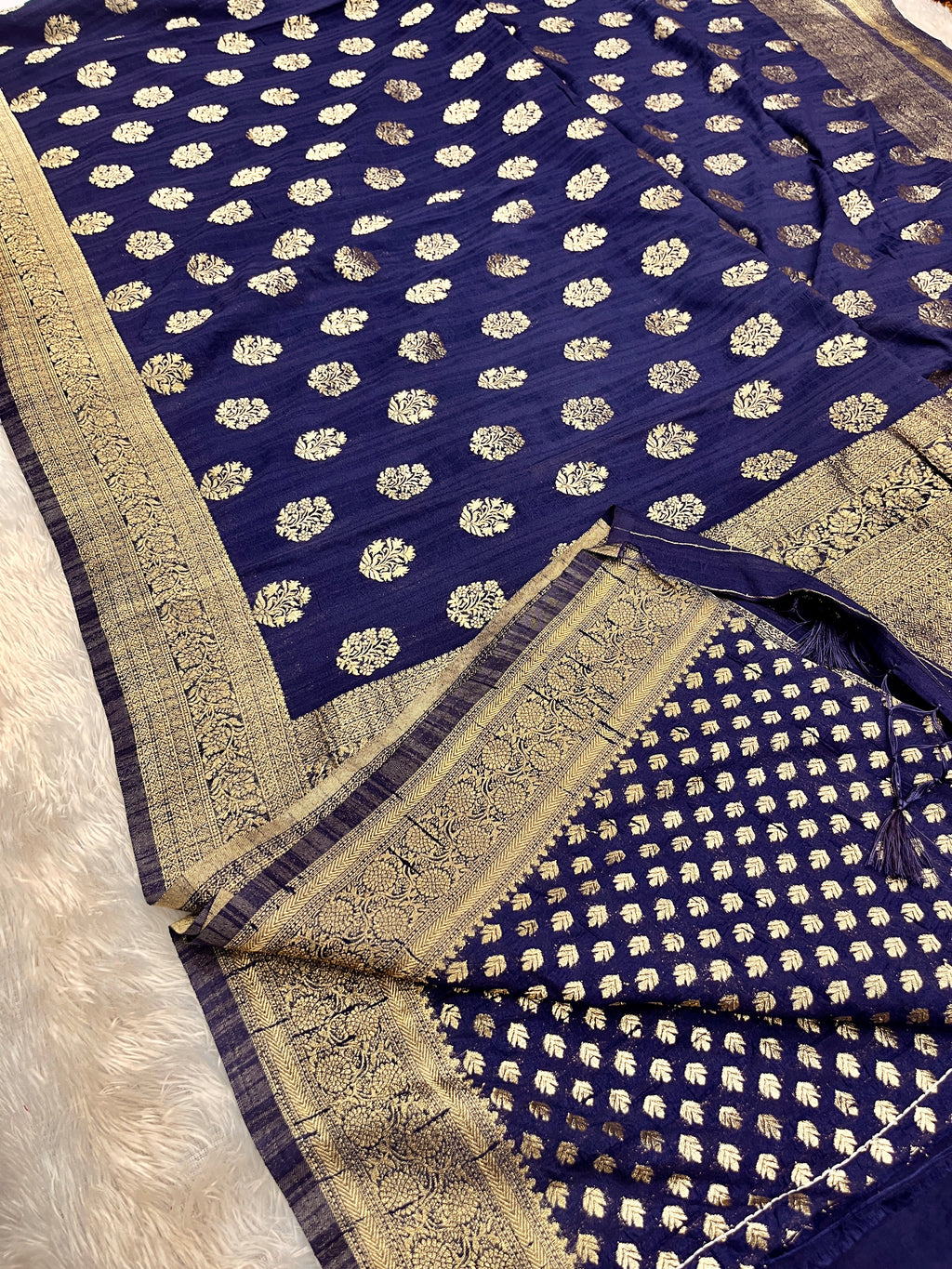 Raw Silk Zari Butaa  Navy blue color  Saree RS004