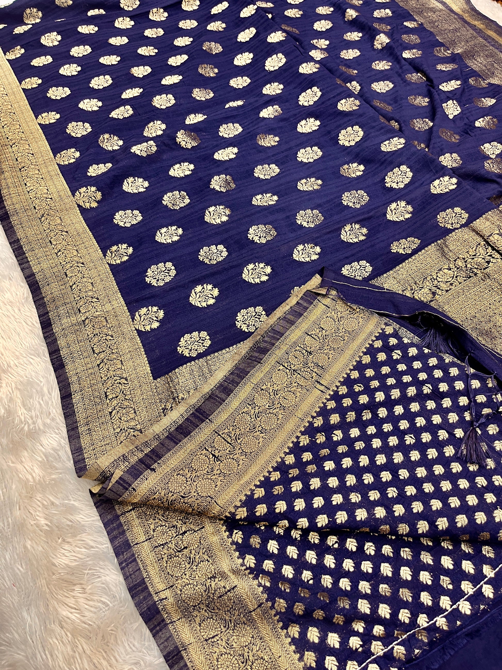 Raw Silk Zari Butaa  Navy blue color  Saree RS004