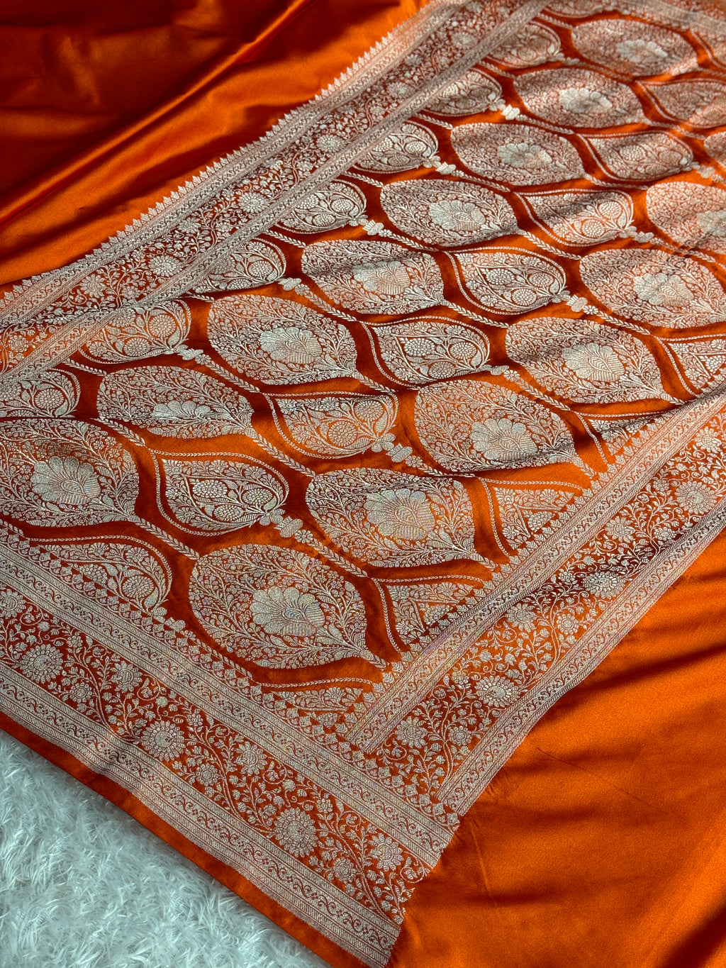 Orange Banarasi Mashru Kataan Silk Saree with Zari Woven Border | MKS711