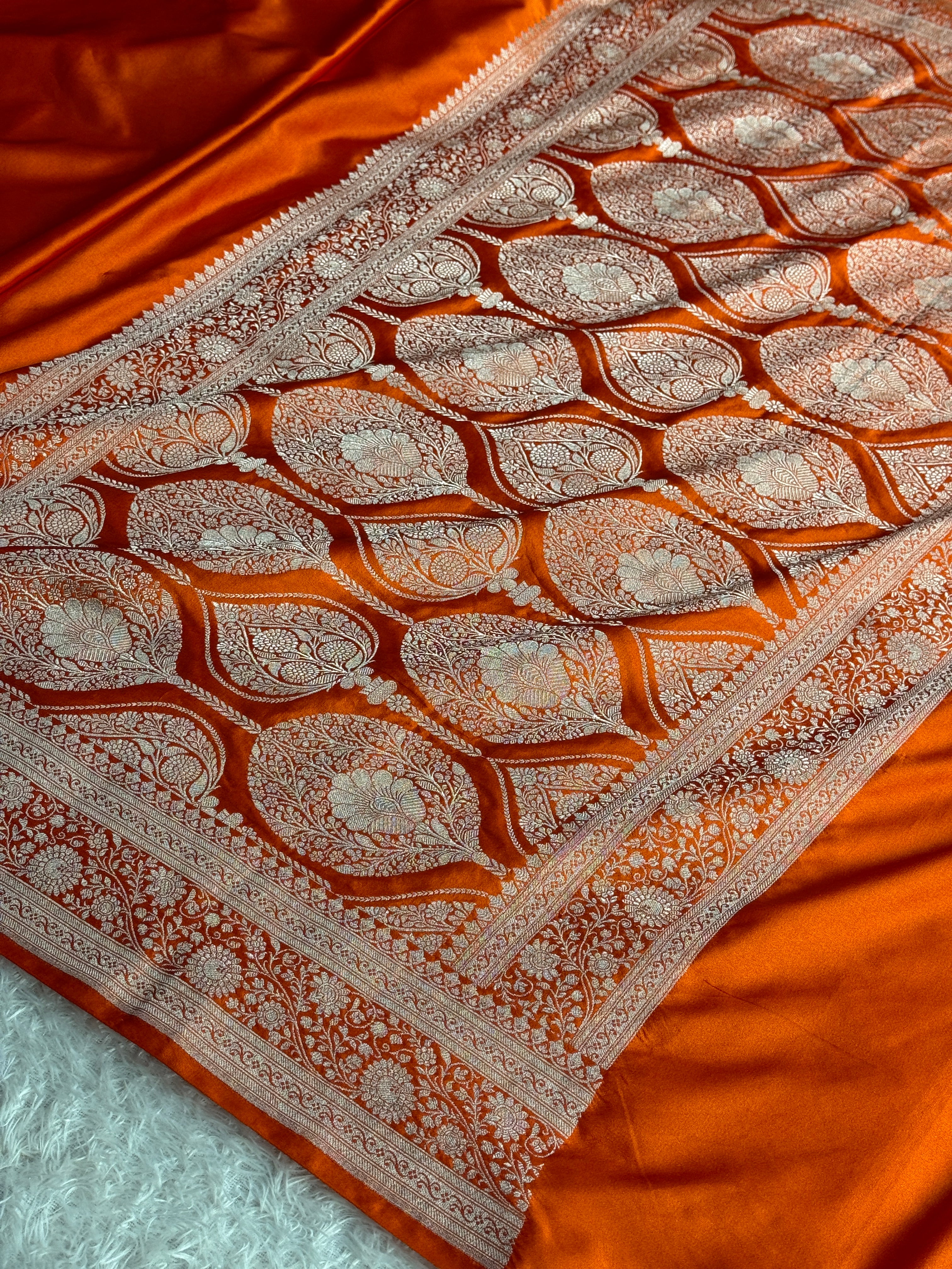 Orange Banarasi Mashru Kataan Silk Saree with Zari Woven Border | MKS711