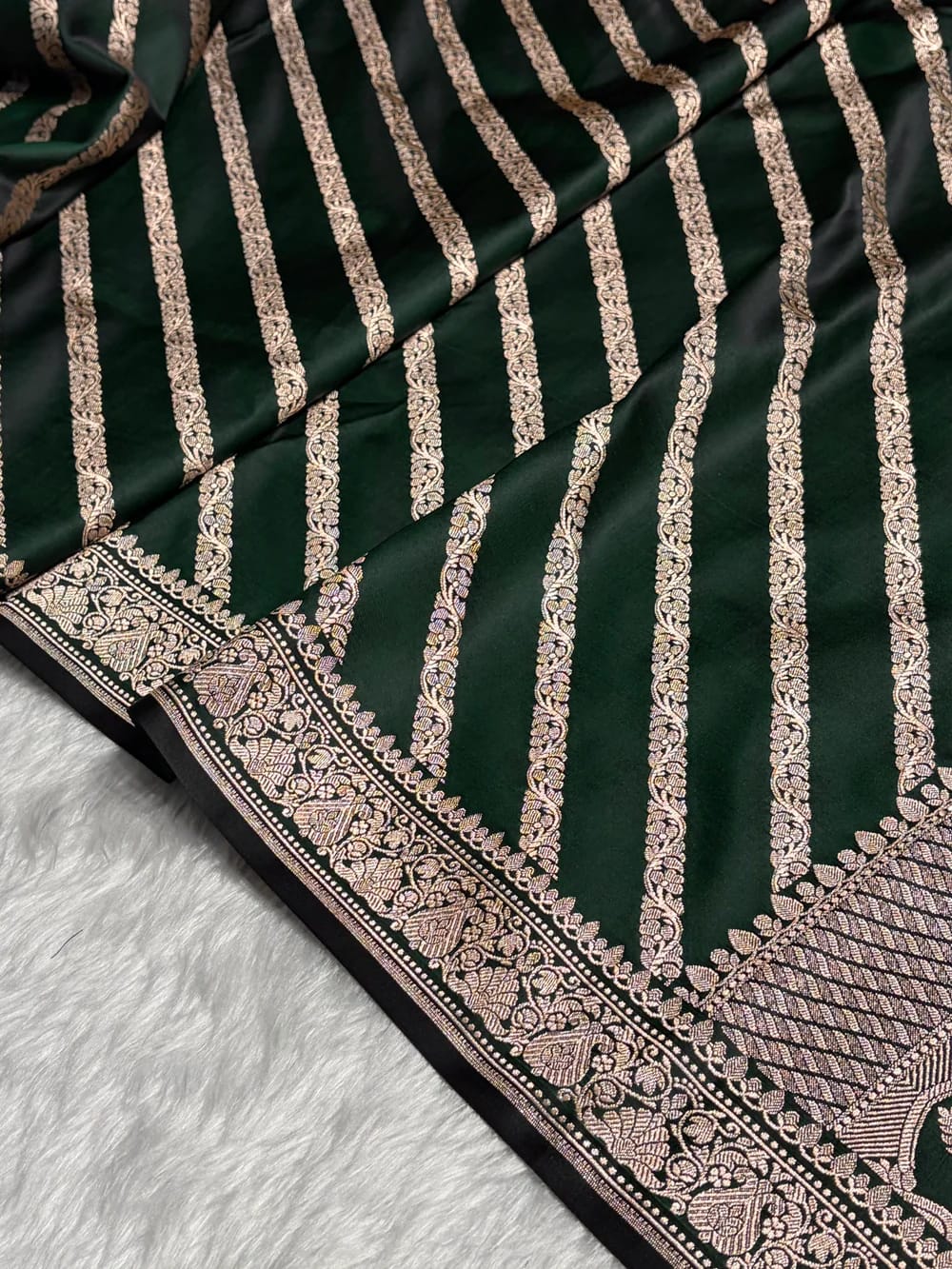 Banarasi Mashru Kataan Silk Saree Featuring Aaddha Zari Weave with Rich Zari Pallu – MKS413