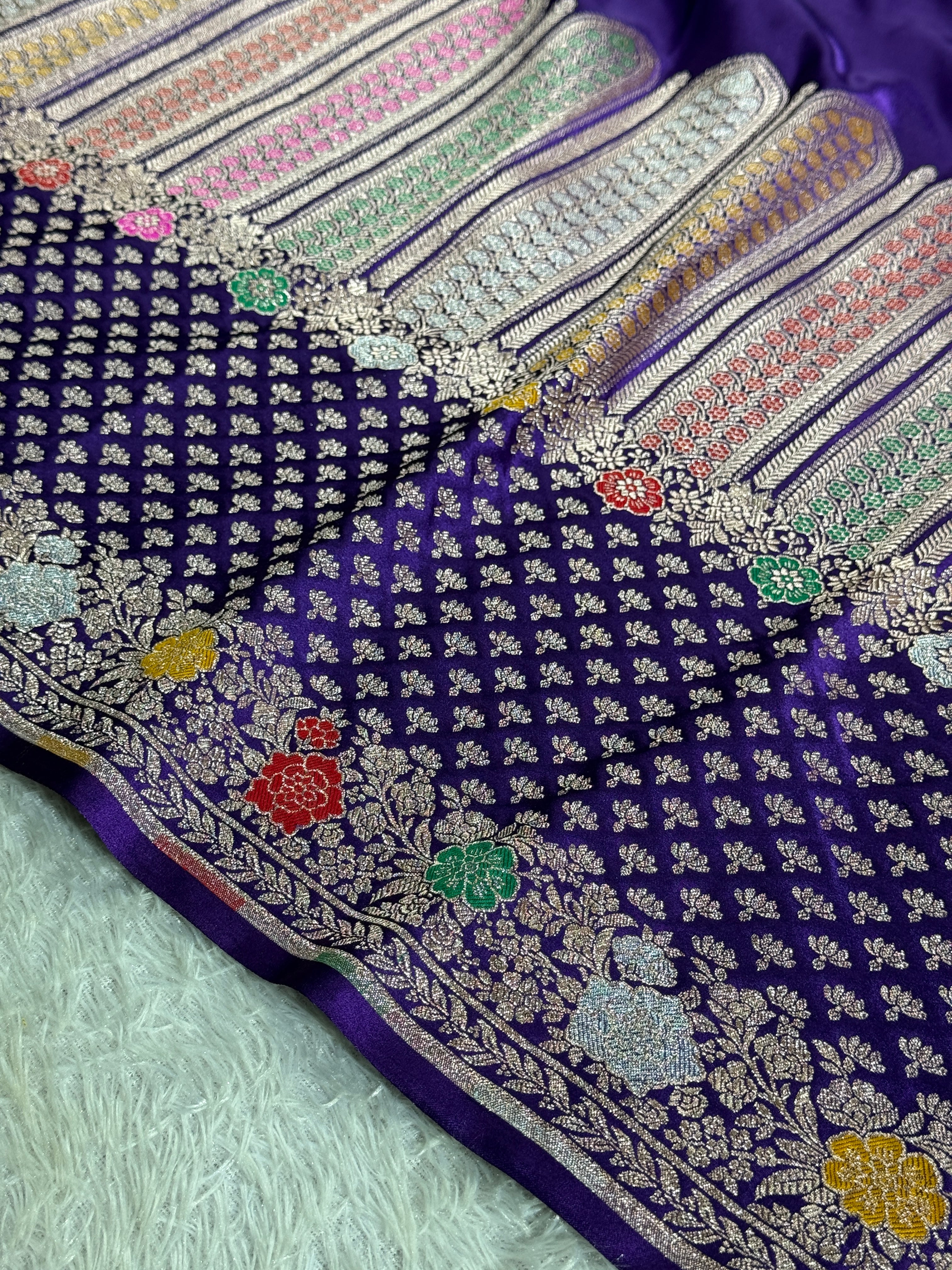 ✨ Royal Purple Meenakari Woven Banarasi Satin Mashru Silk Saree with Scalloped Border MKS212