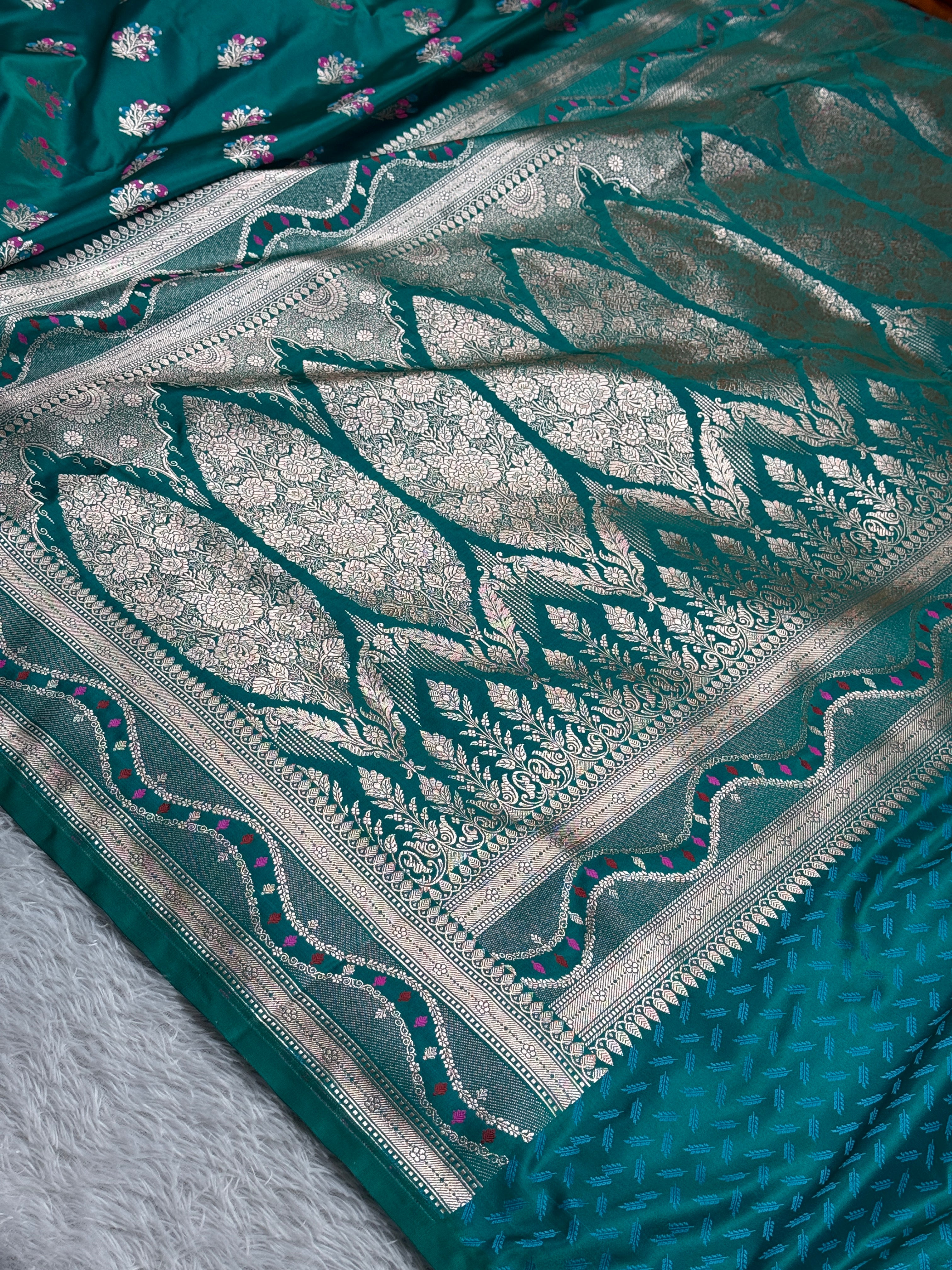 Sea Blue Buta Meenakari Banarasi Mashru Silk Saree | Satin Mashru Silk | Kaashi Threads | MKS514