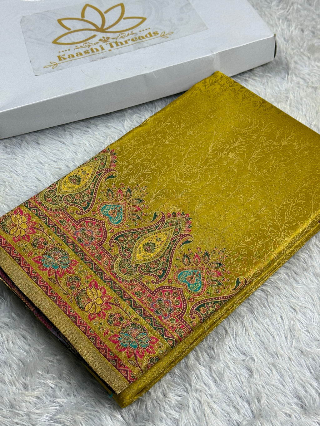 🍋 Lemon Yellow Embossed Kanchi Tissue Soft Silk Saree with Tilfi Meenakari Pallu & Border MKS401