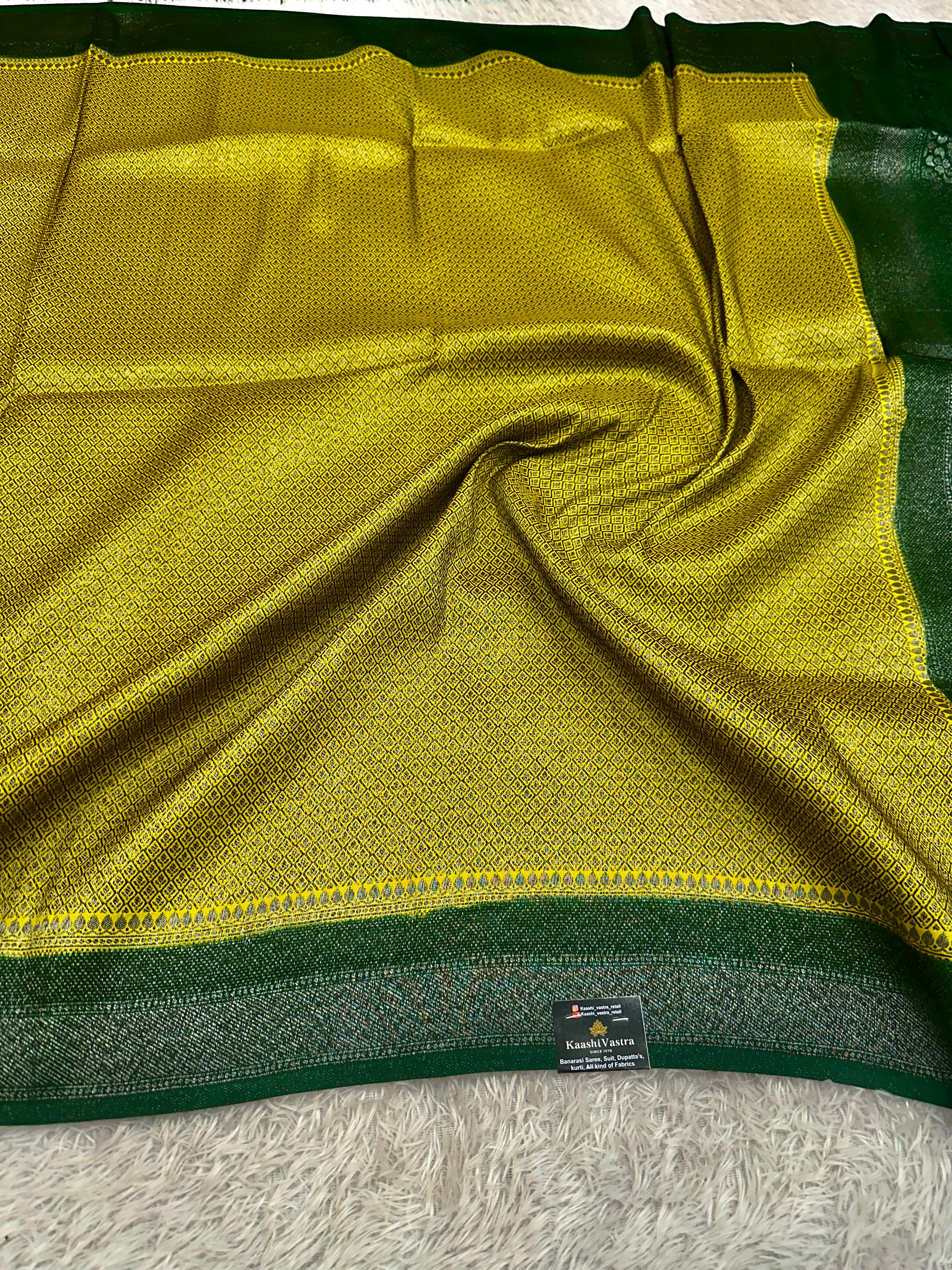 STF42 – Radiant Lemon Yellow Dupion Saree with Silver-Black Antique Zari Weaving