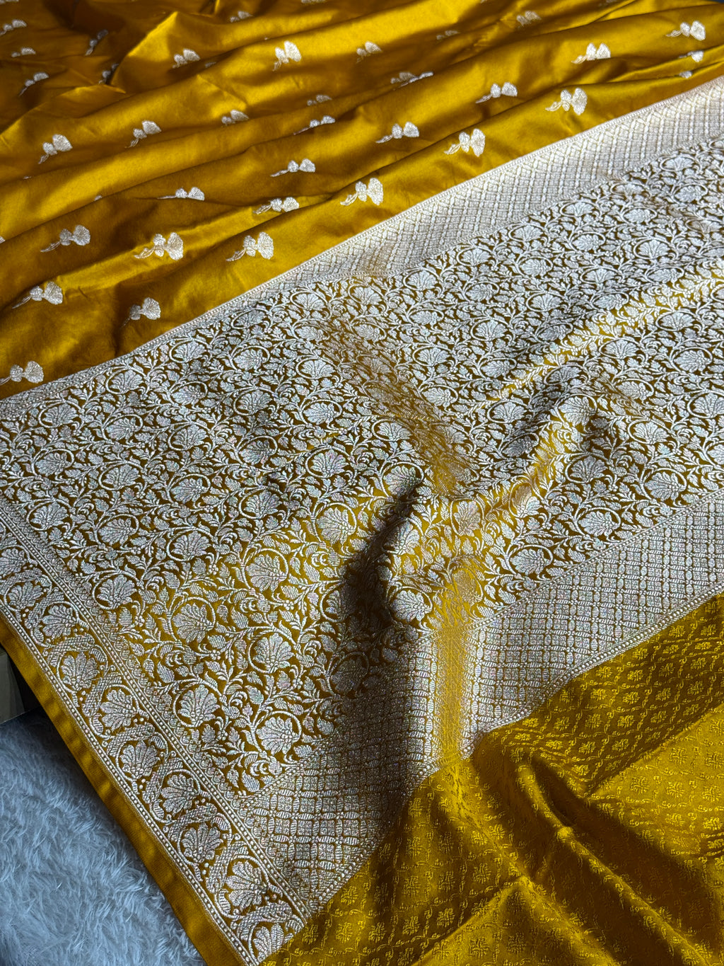 Premium Yellow Banarasi Mashru Kataan Silk Saree with Jaal Weave & Rupa-Sona Zari MKS119