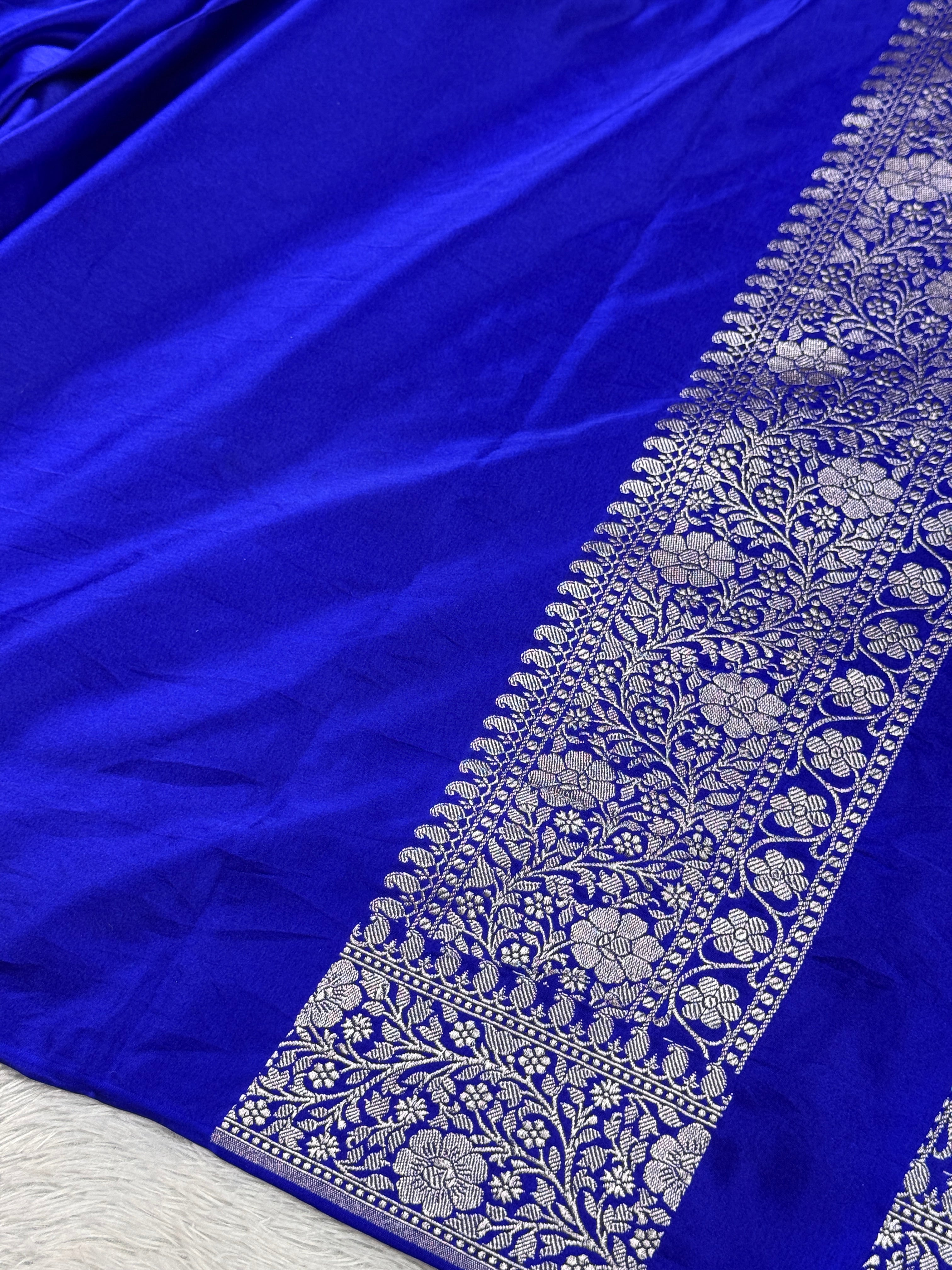 Cream Blue Contrast Zari Meena Tanchhoi Banarasi Mashru Silk Saree | Kaashi Threads | MKS517