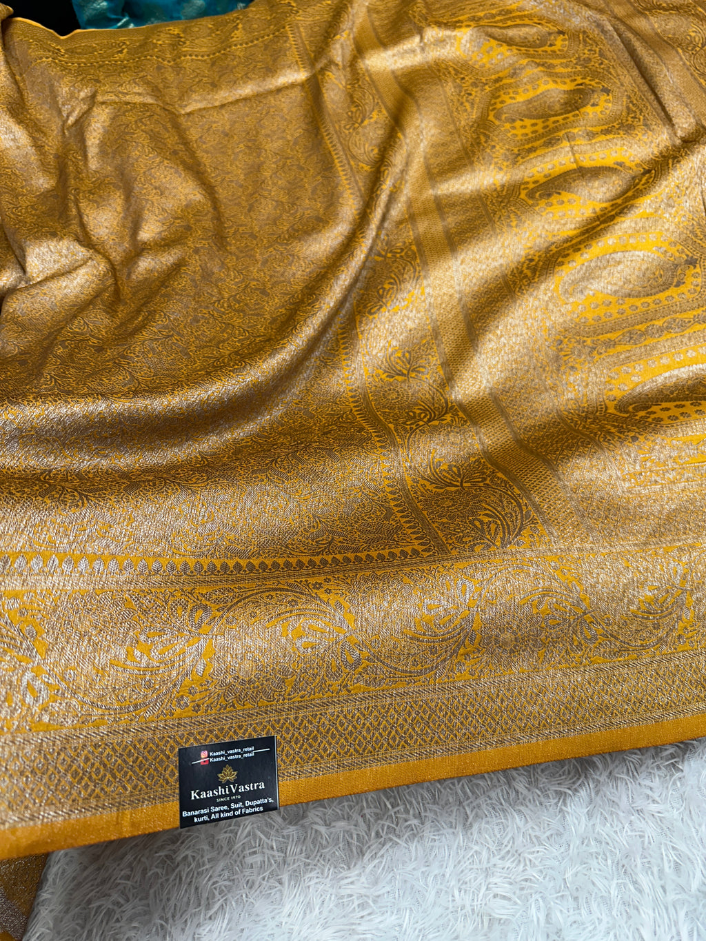Mustard yellow Banarasi Dupion Silk Saree with Embossed Antique Zari Weaving & Rich Antique Zari Pallu | STF113