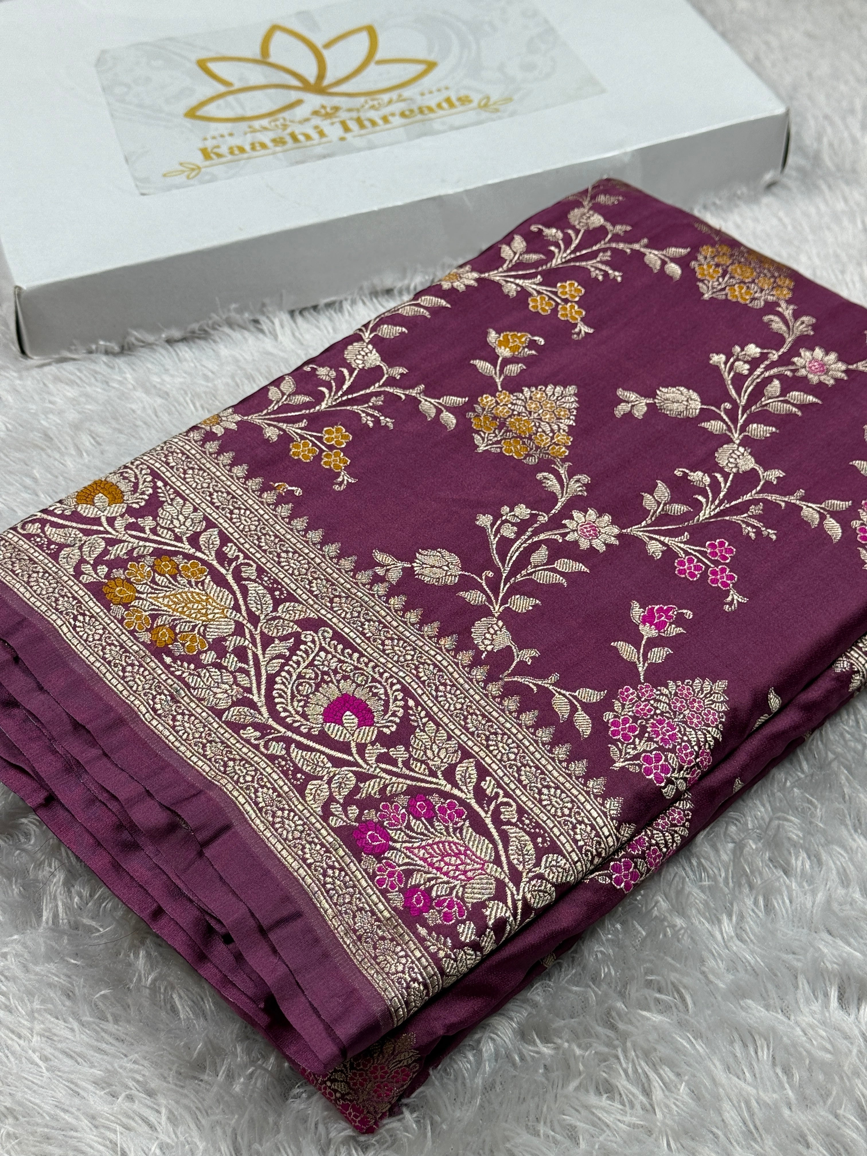 Gajri Banarasi Mashru Kataan Silk Saree with All-Over Jaal Meena Weaving & Rupa-Sona Zari MKS146