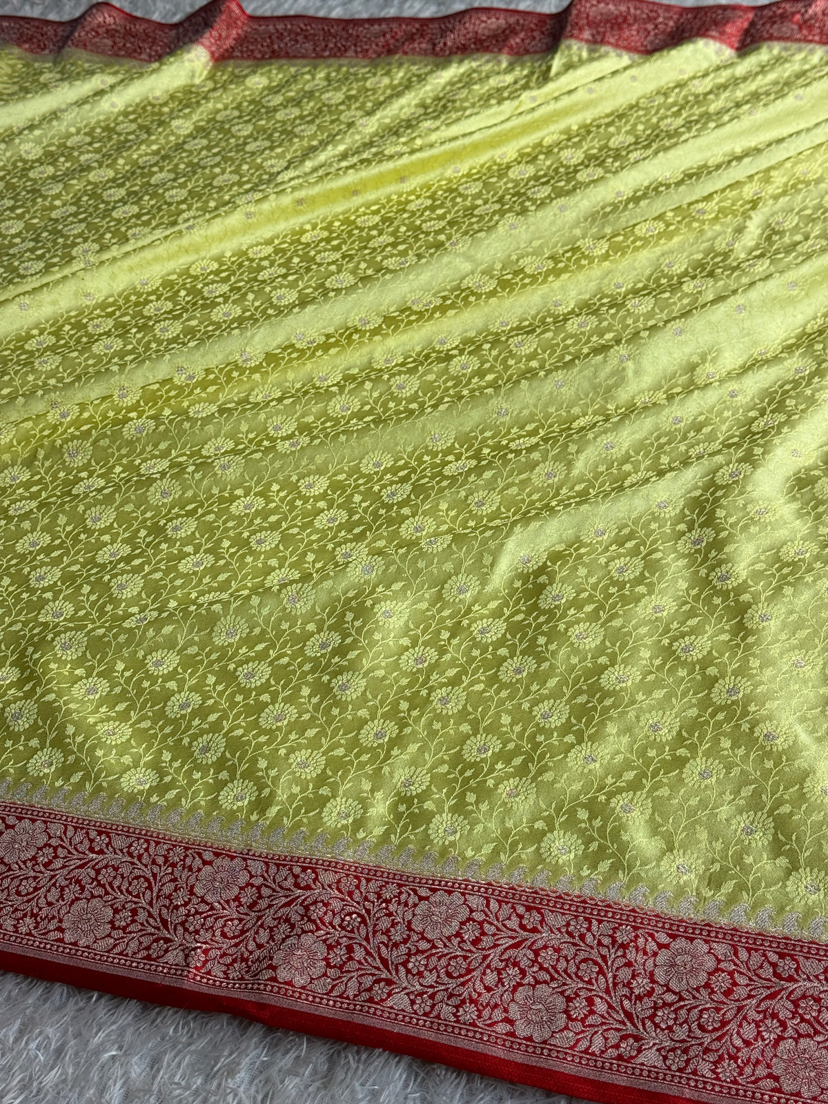 Lemon Yellow Mashru Kataan Silk Saree with Tanchhoi Zari Meenakari & Contrast Red Pallu | MKS811