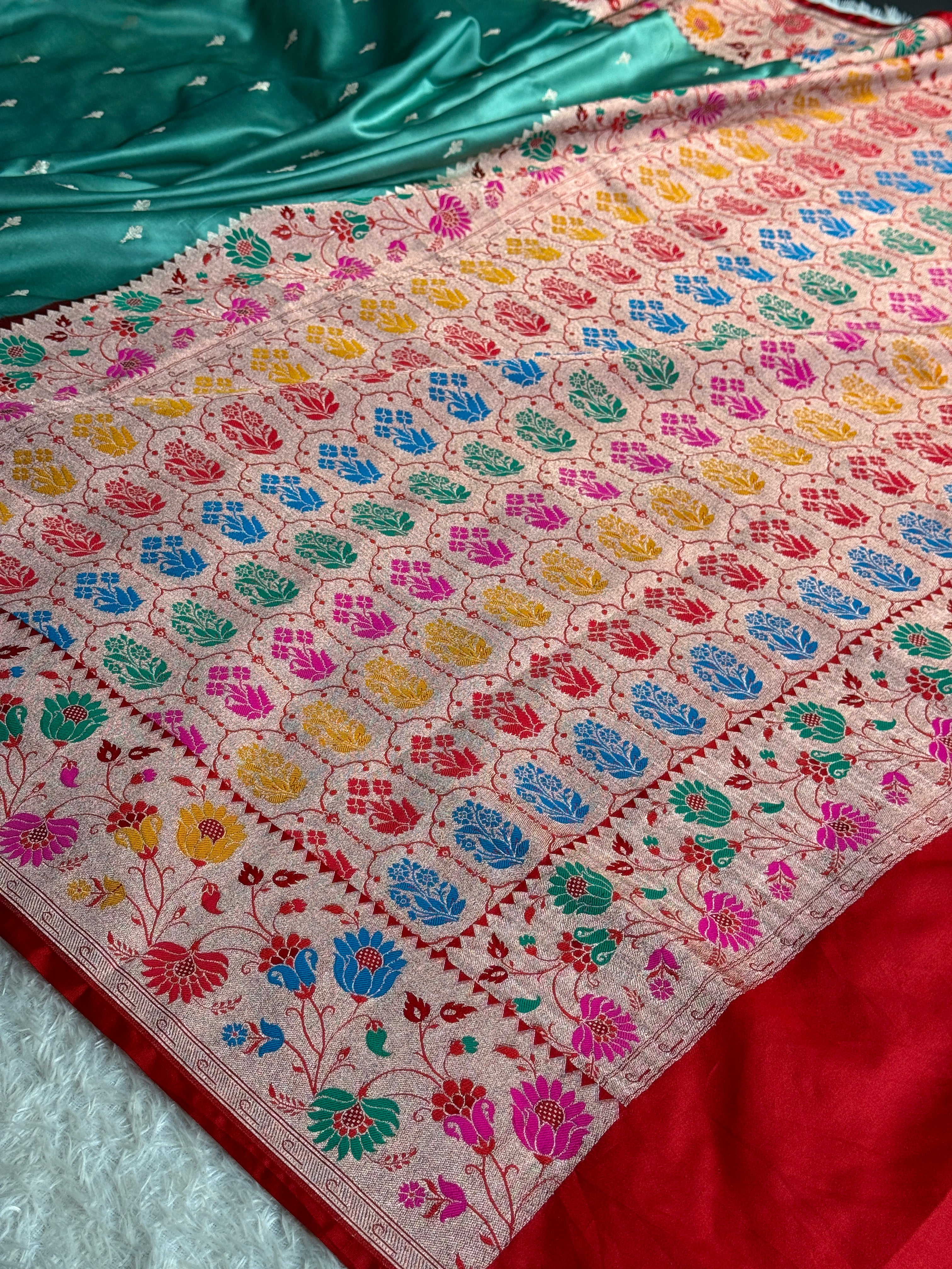 Banarasi Mashru Kataan Silk Saree Sea Green with Red Paithani Border | MKS743