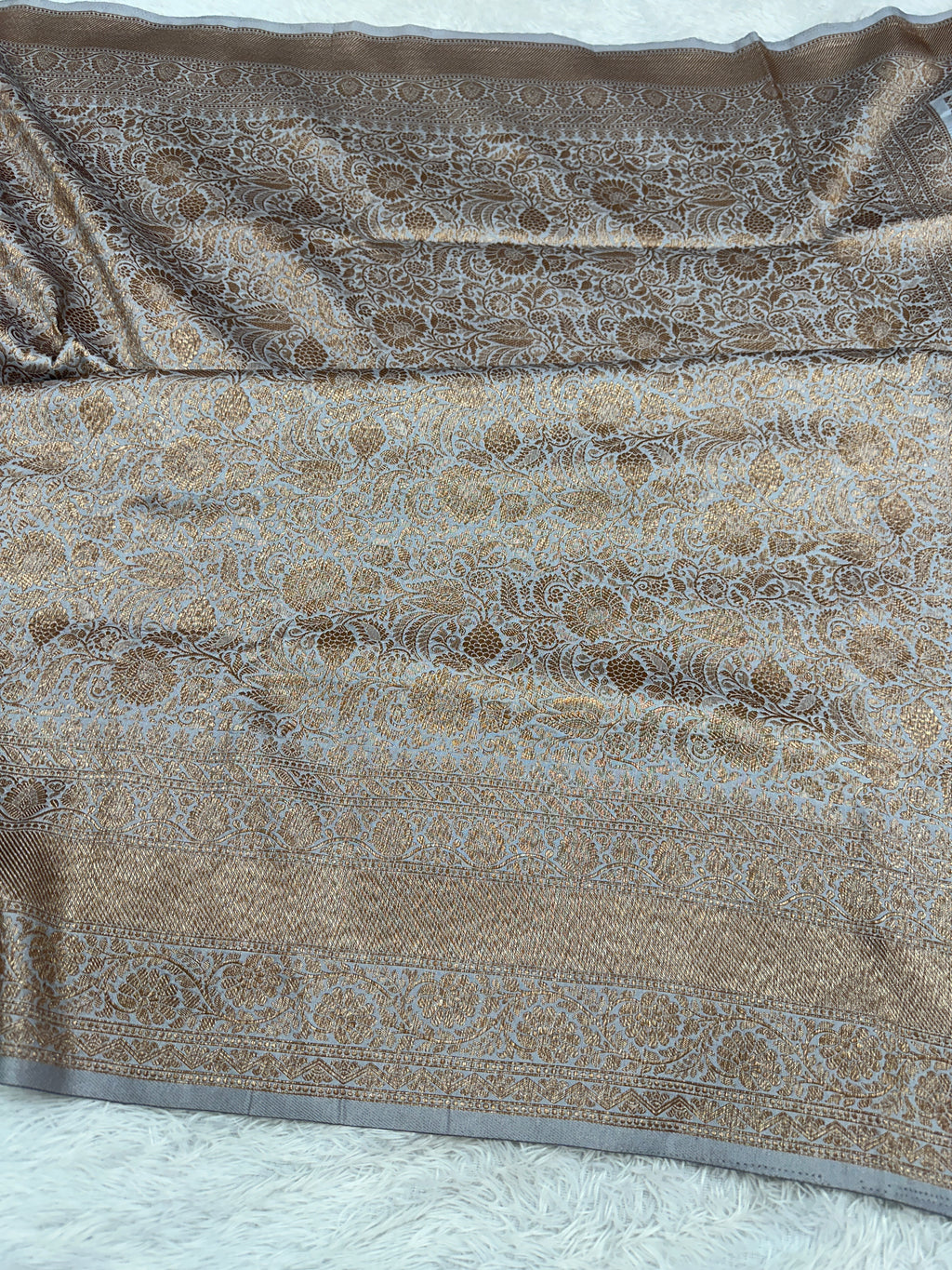 Grey Banarasi Dupion Silk Saree with Embossed Antique Zari Weaving & Rich Antique Zari Pallu | STF71