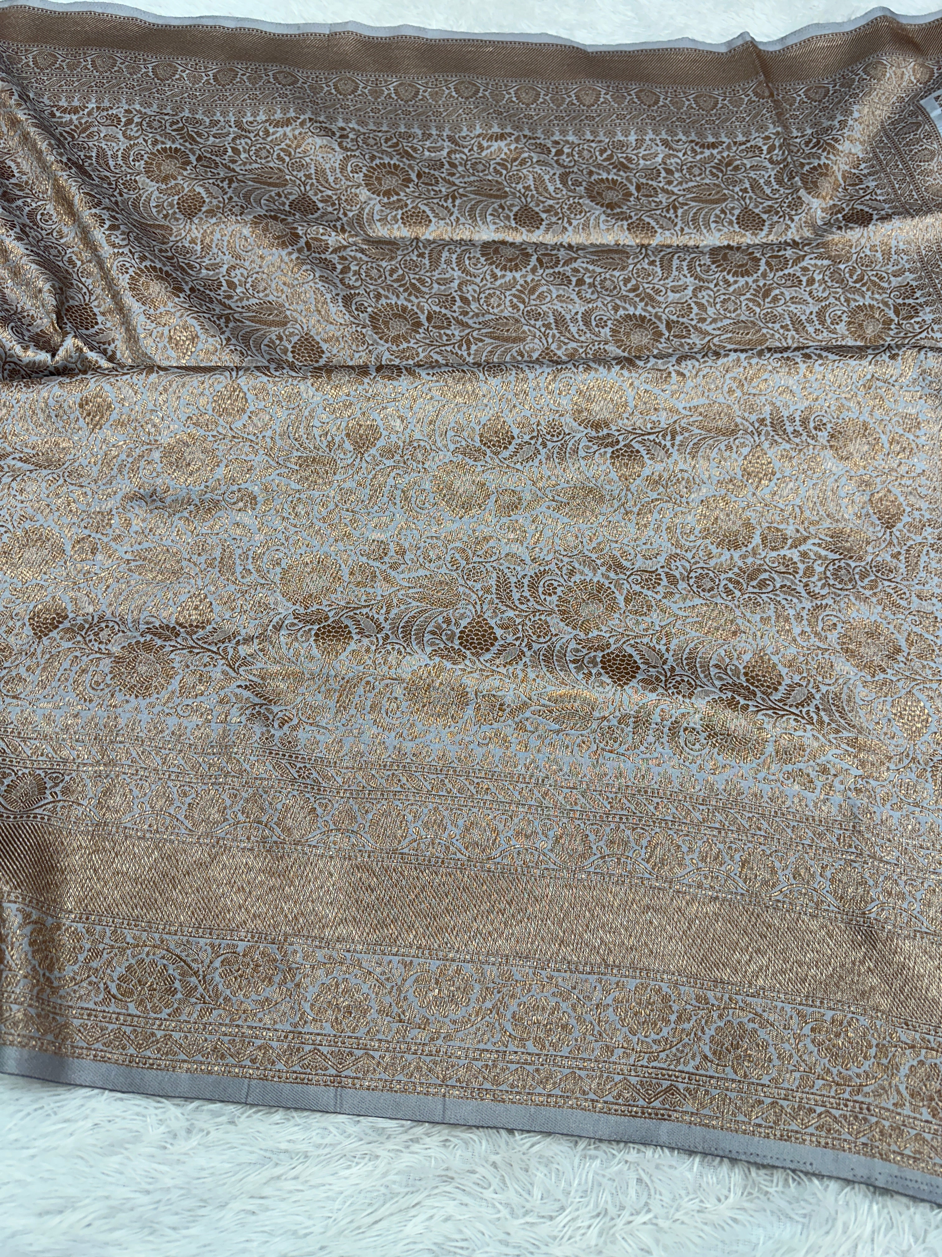 Grey Banarasi Dupion Silk Saree with Embossed Antique Zari Weaving & Rich Antique Zari Pallu | STF71