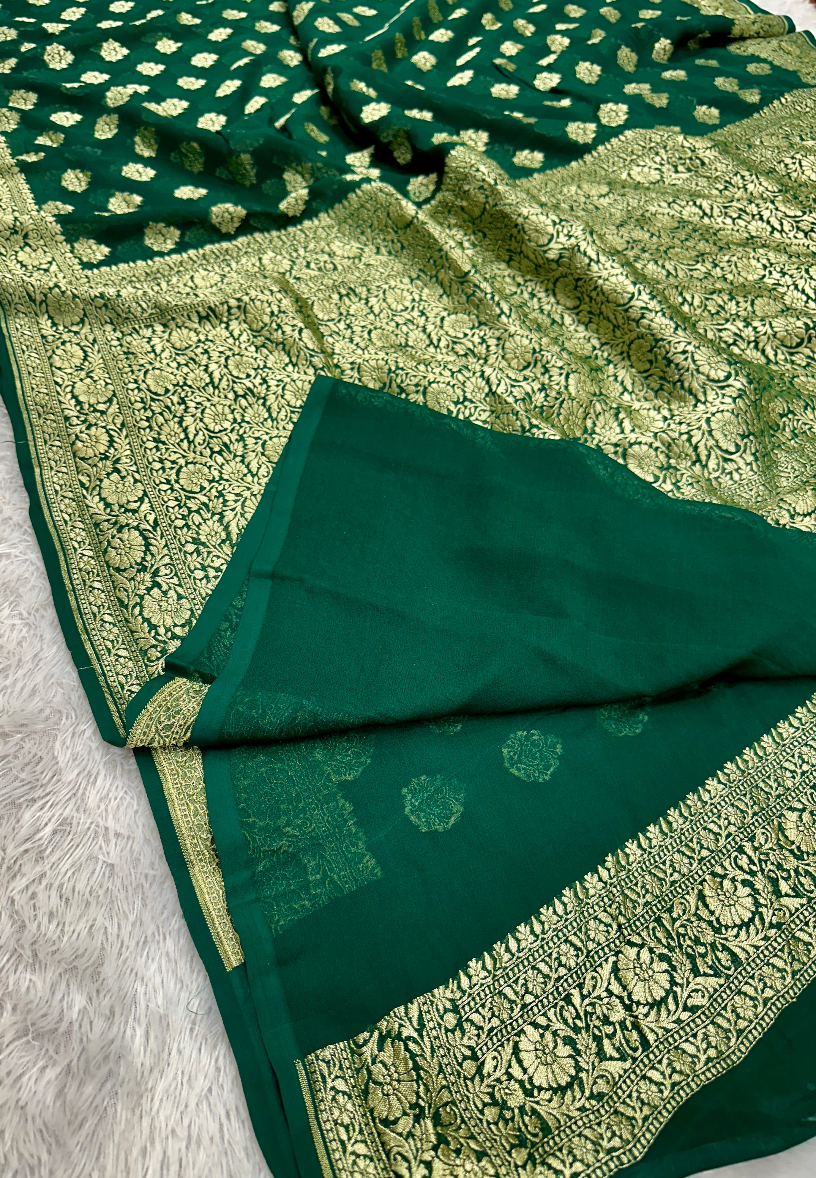 Green Pure Natural Silk Khaddi Georgette Saree with Buta Woven Design | PSG11