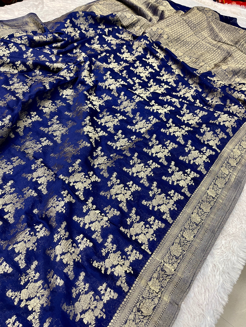 Chinon Silk Flower Design Navy Blue Color Saree CN04