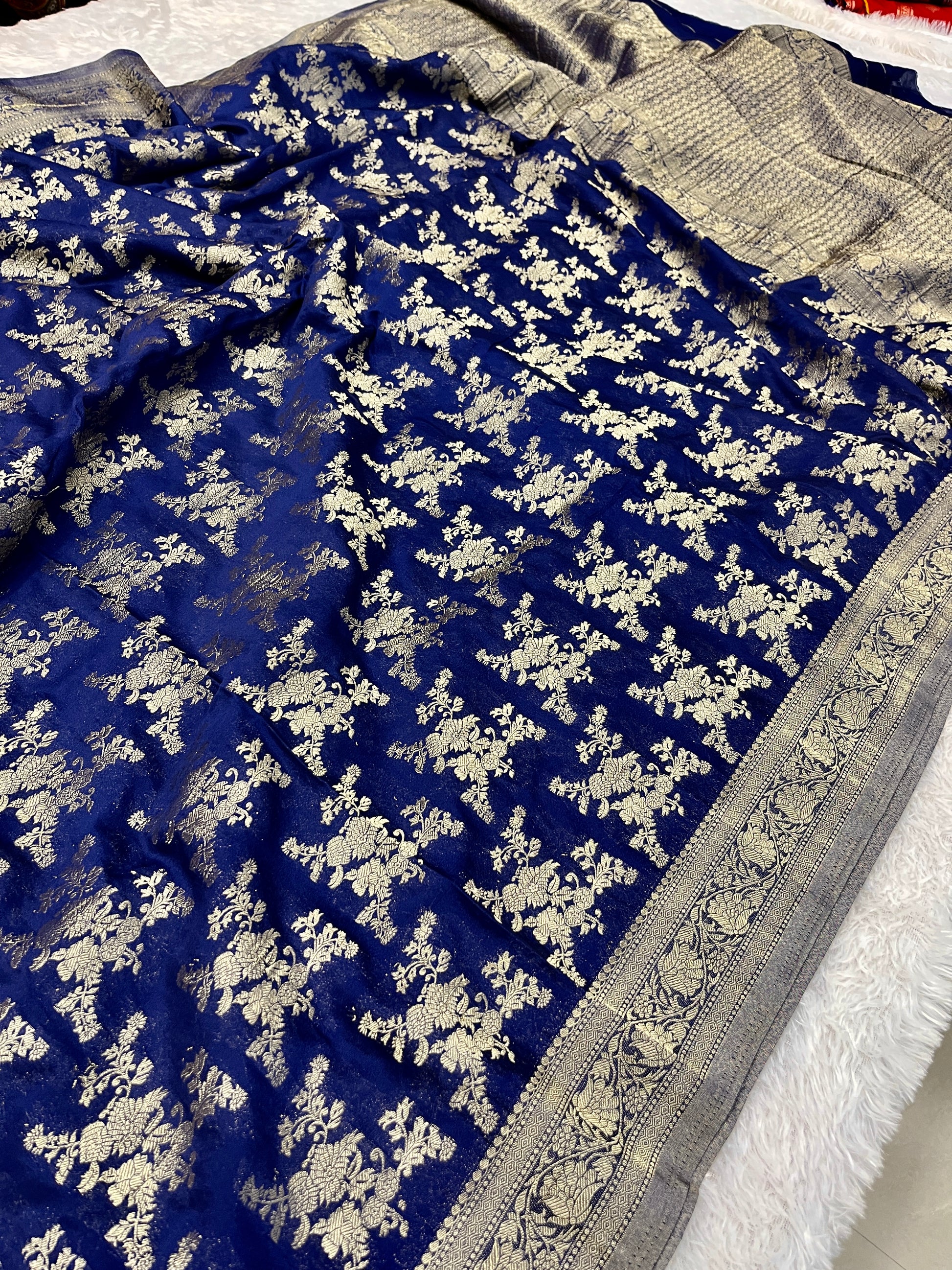 Chinon Silk Flower Design Navy Blue Color Saree CN04