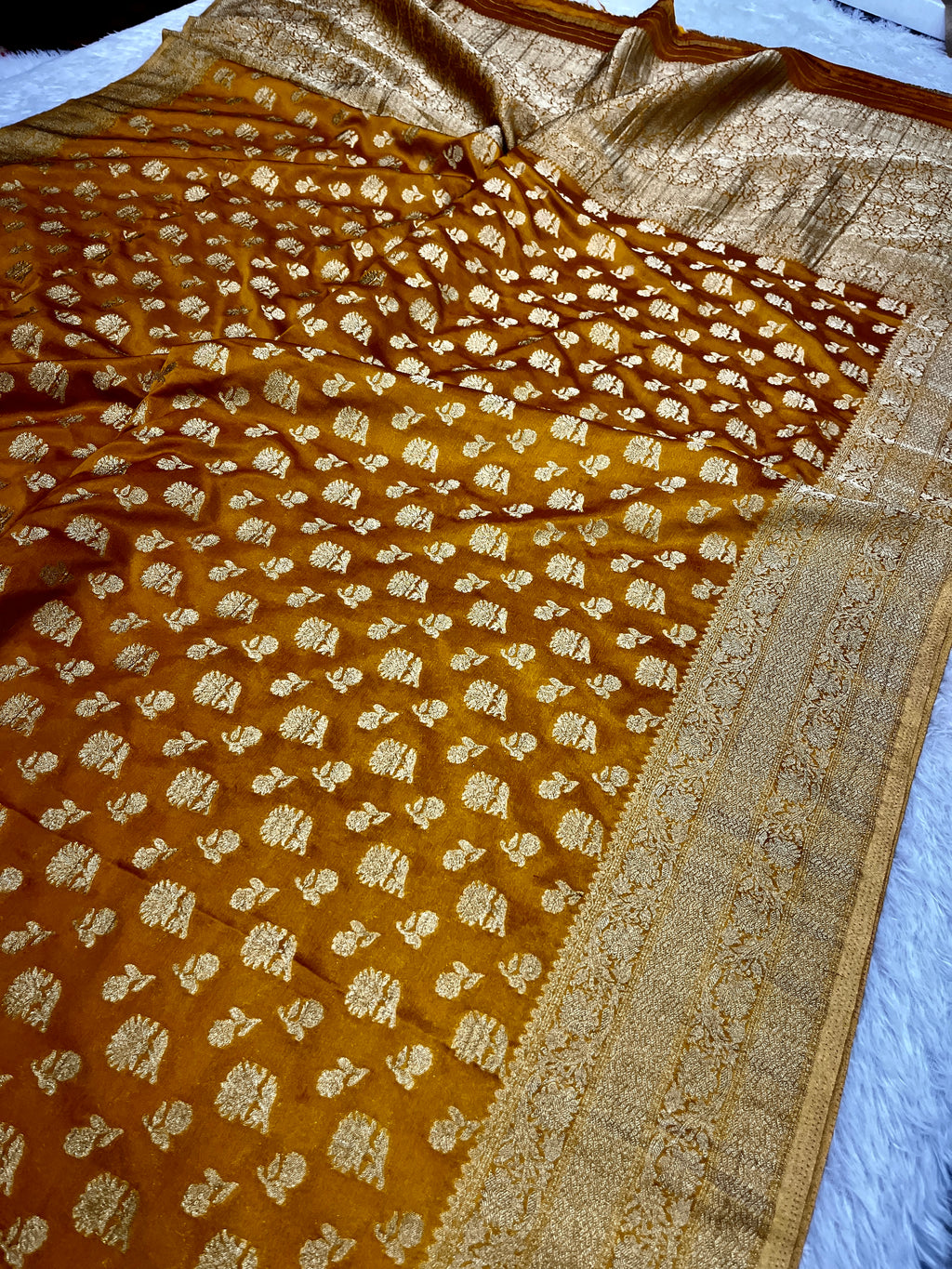 Chinon Silk Big small Buta  Design Mustard Color Saree CN06