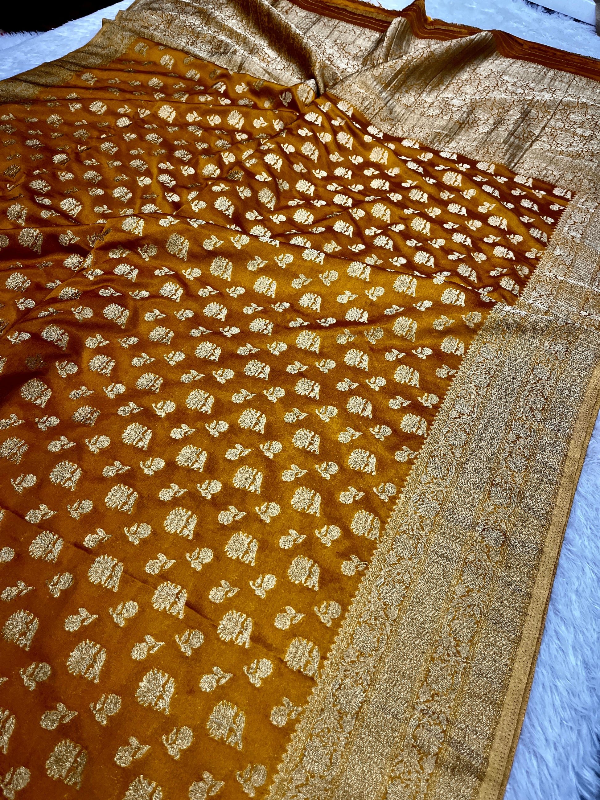 Chinon Silk Big small Buta  Design Mustard Color Saree CN06