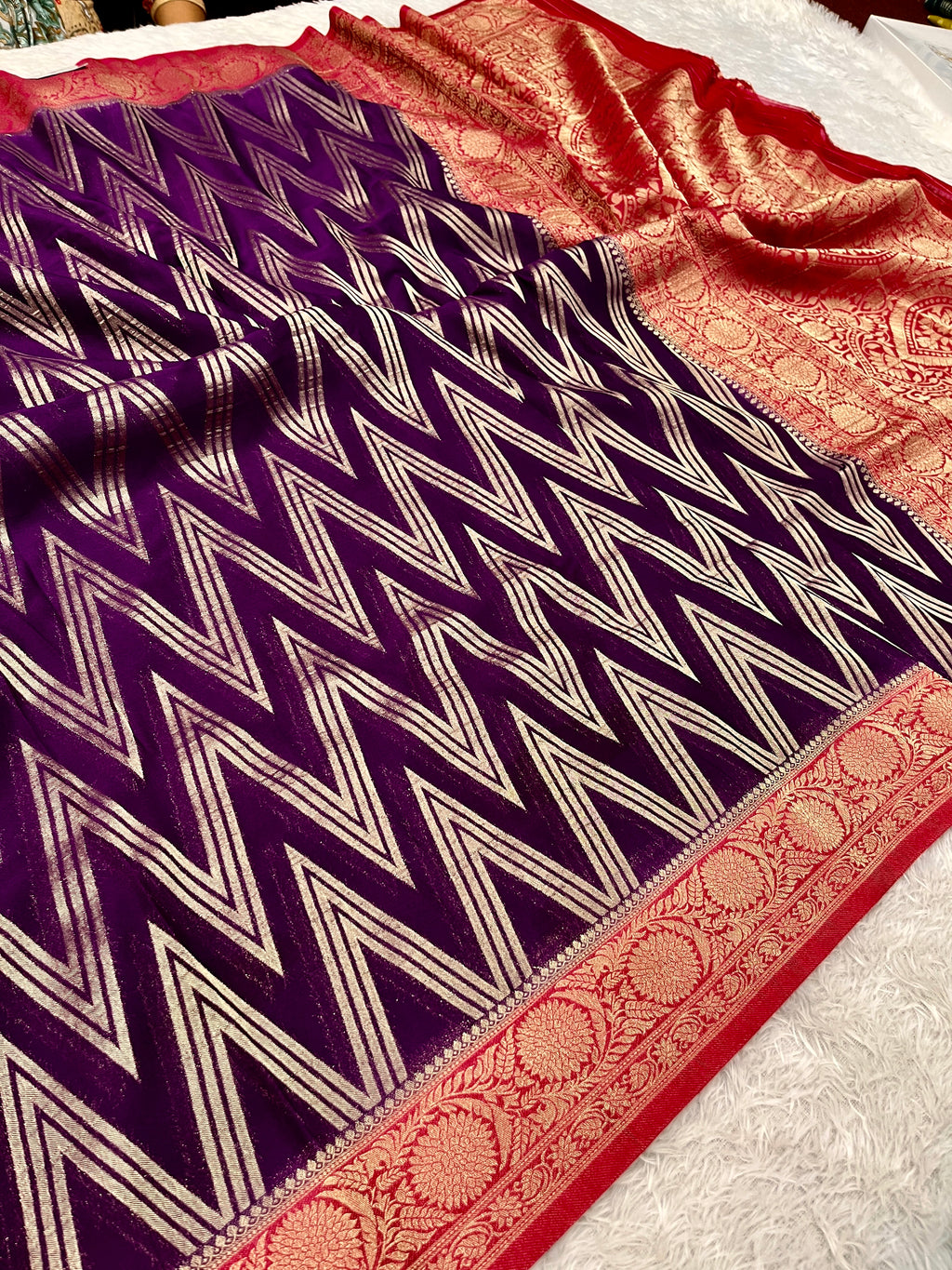 Chinon Silk Zig Zag Design Magenta with Rani Color Saree CN09