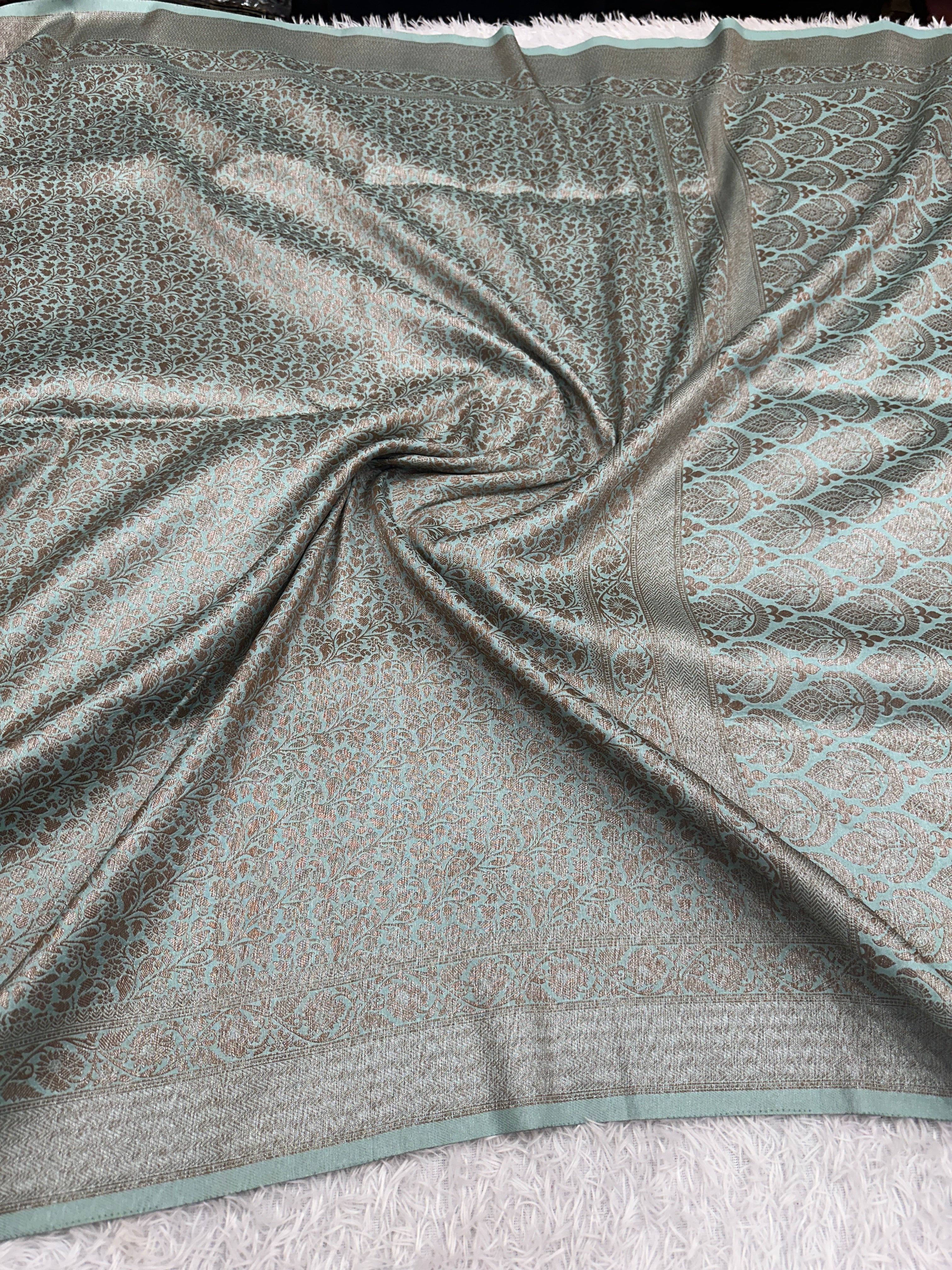 Sea green Banarasi Dupion Silk Saree with Embossed Antique Zari Weaving & Rich Antique Zari Pallu | STF75