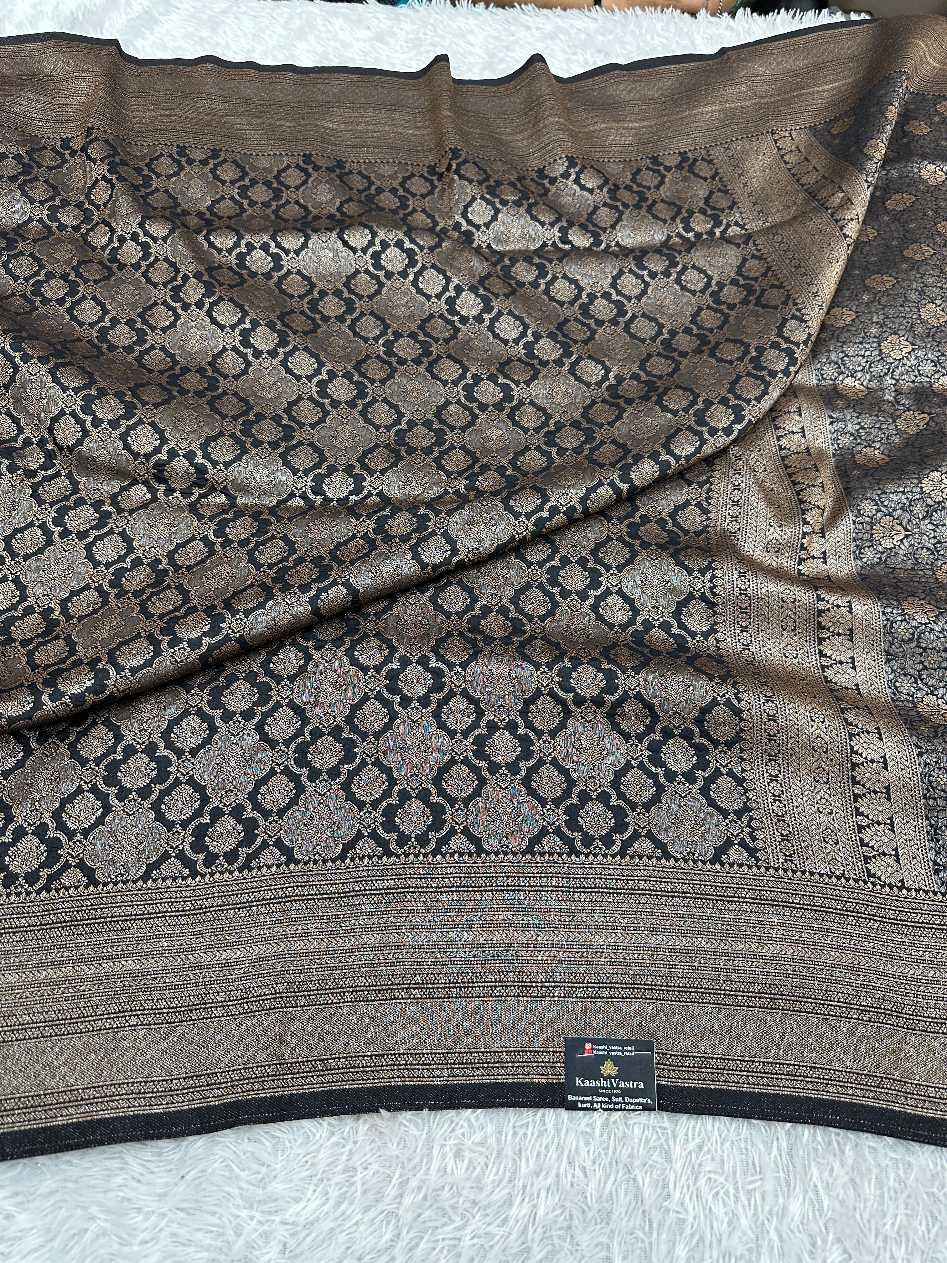 Black Banarasi Dupion Silk Saree with Embossed Antique Zari Weaving & Rich Antique Zari Pallu | STF100