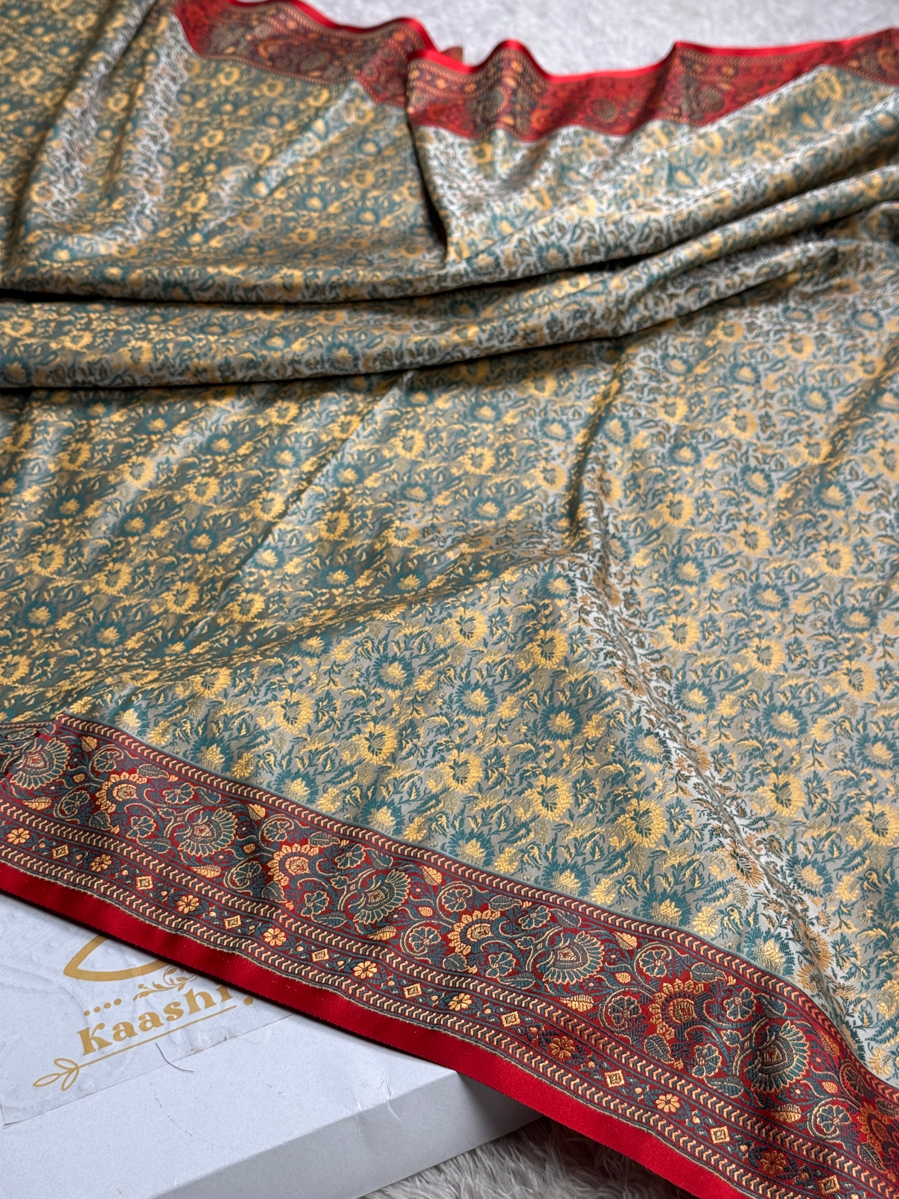Cream & Red Jamwaar Woven Banarasi Mashru Silk Saree with Traditional Thread Work JMW11