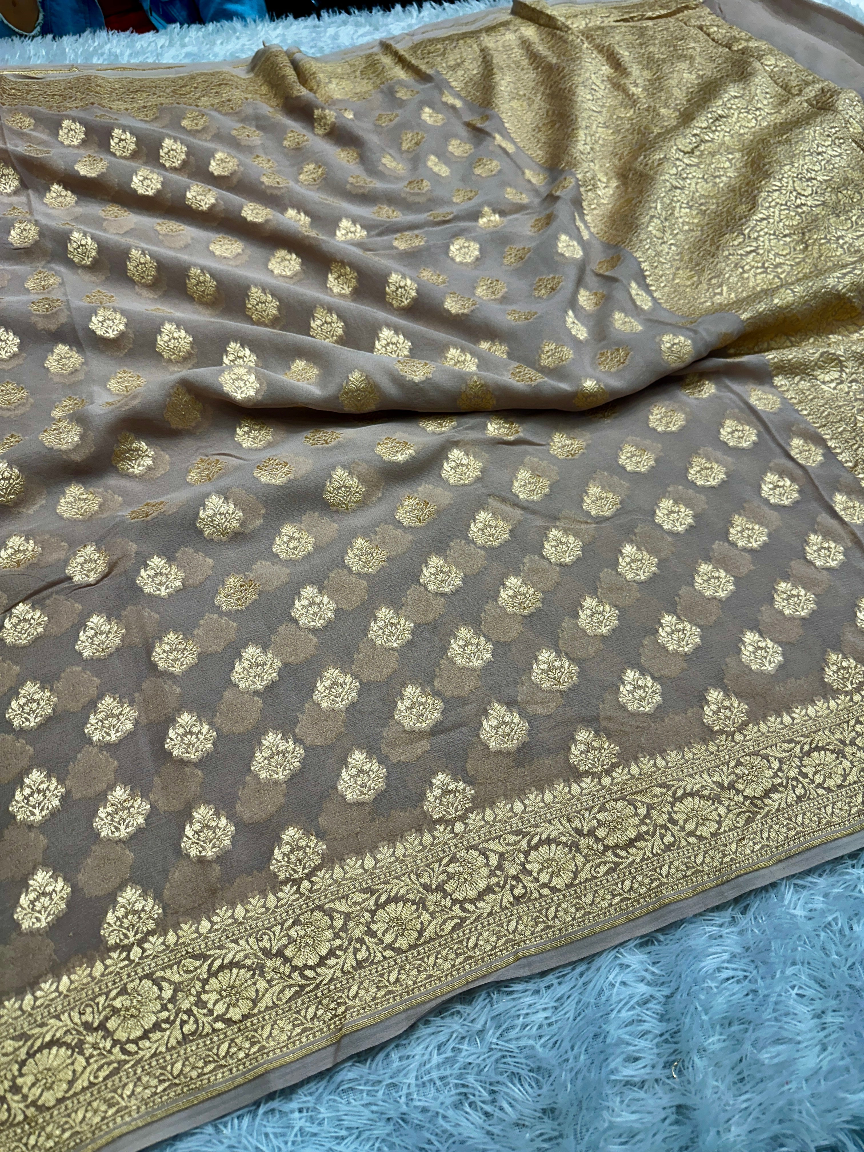 Beige Pure Natural Silk Khaddi Georgette Saree with Buta Woven Design | PSG11