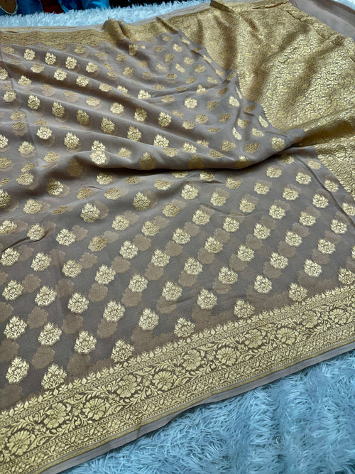 Beige Pure Natural Silk Khaddi Georgette Saree with Buta Woven Design | PSG11