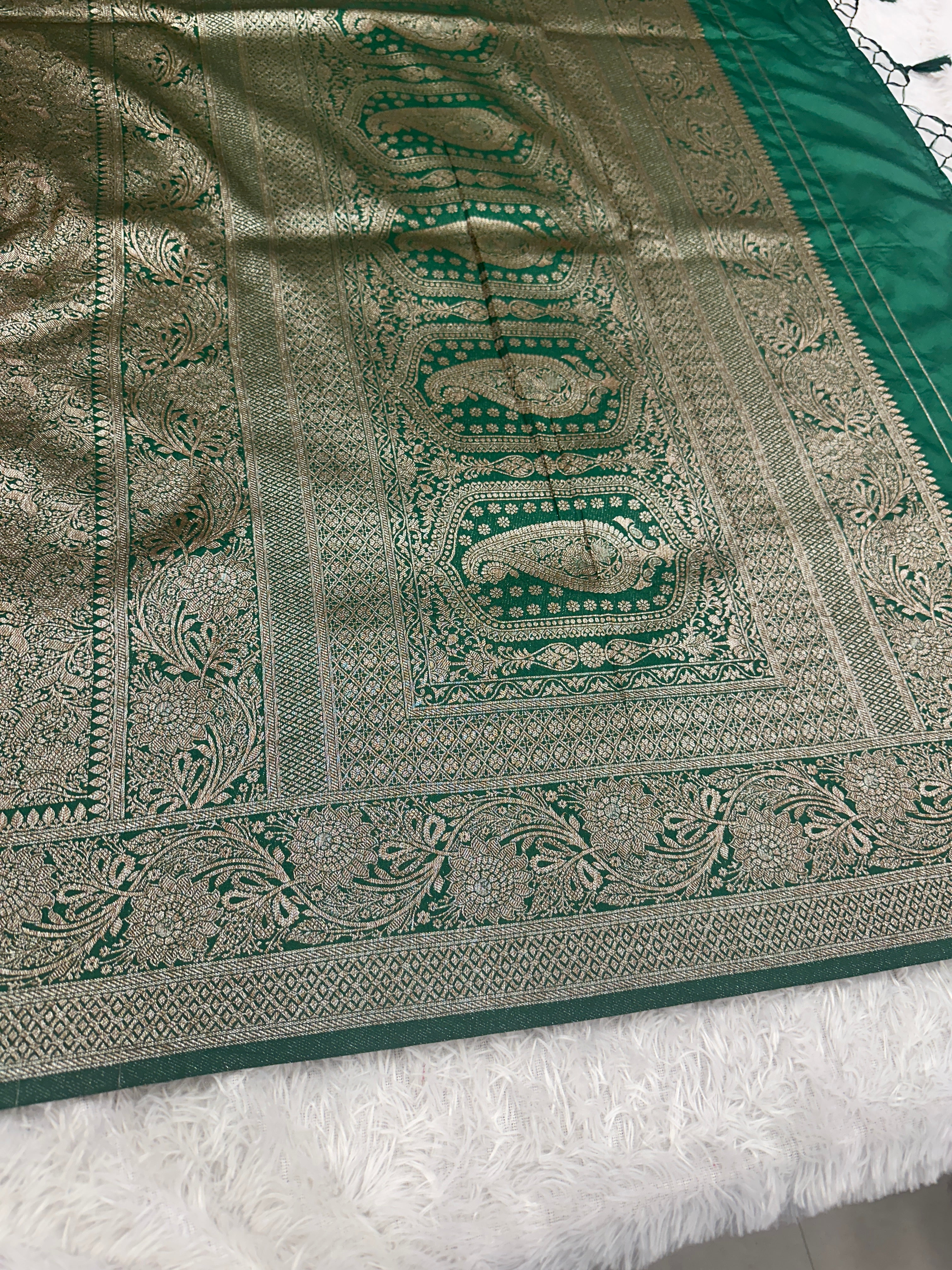Green Banarasi Dupion Silk Saree with Embossed Antique Zari Weaving & Rich Antique Zari Pallu | STF105