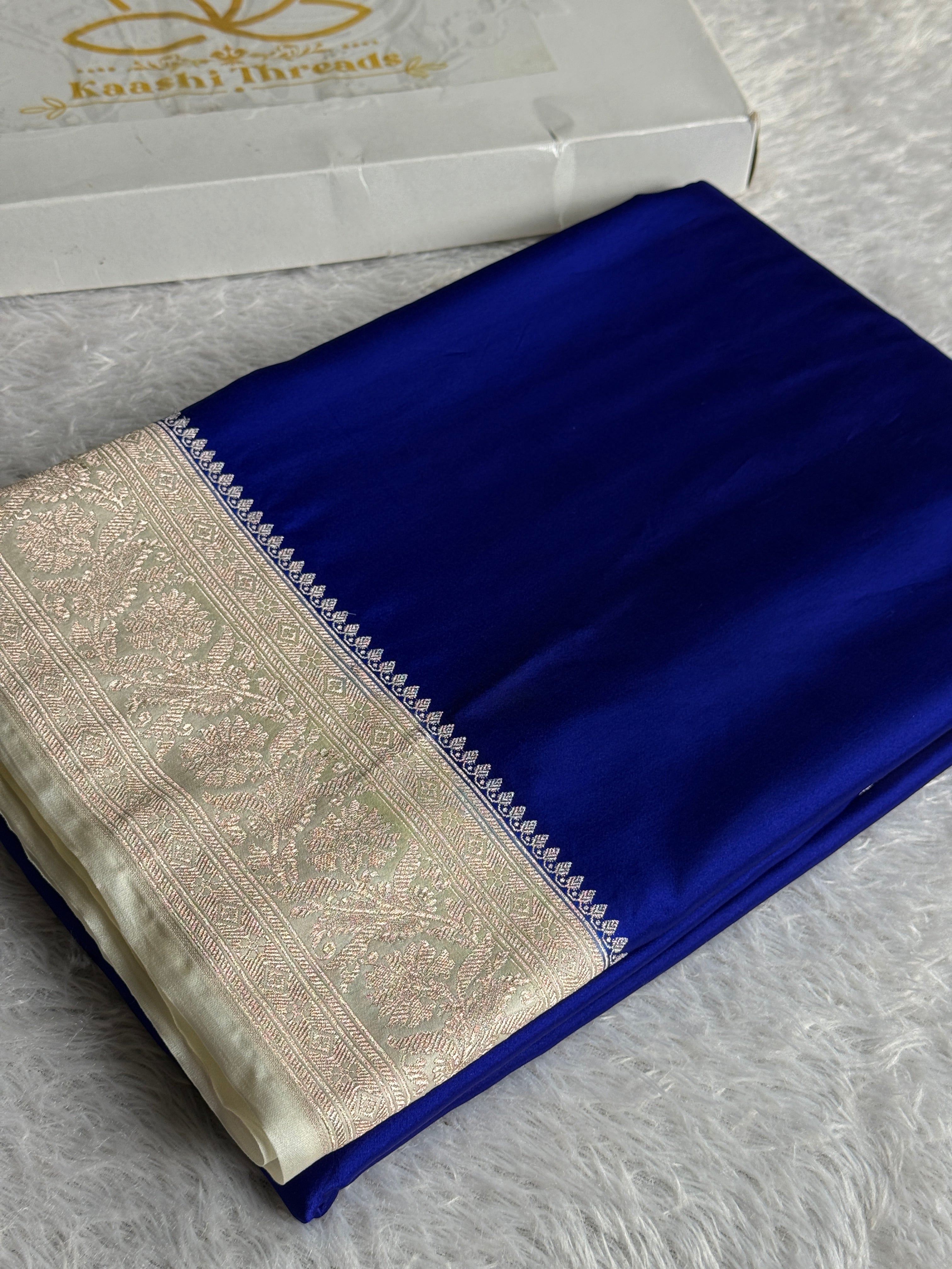 Royal Blue & Cream Mashru Kataan Silk Saree with Rich Zari Woven Pallu – MKS700