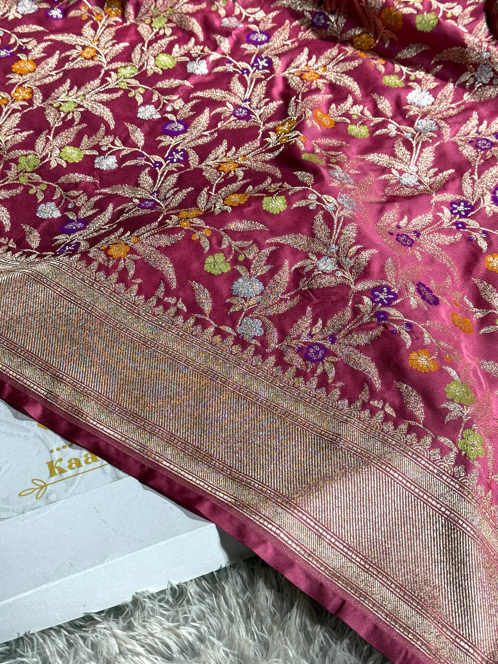 Strawberry Color Banarasi Mashru Silk Saree with Zari Meena Jangla Jaal Weave
MKS161