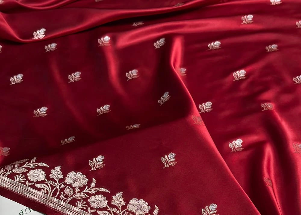 Banarasi Mashru Kataan Silk Saree Featuring Zari Rose Buta Design with Rich Zari Pallu – MKS412