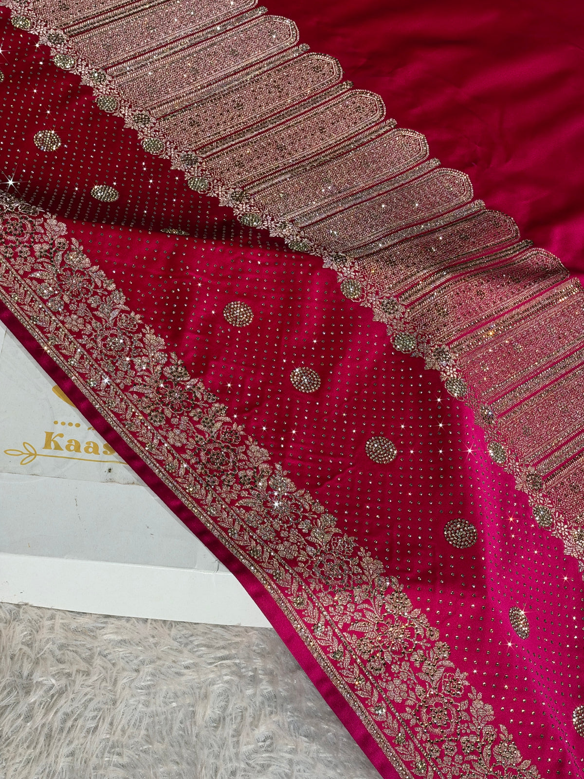 Rani Pink Dual Shade Mashru Kataan Silk Saree with All-Over Siroski Stone Work | Woven Pallu & Blouse | MKS840