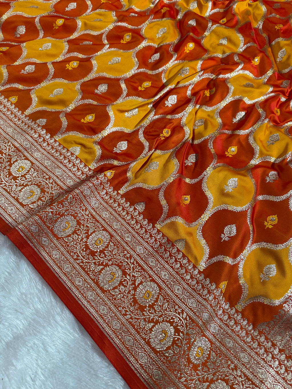 Yellow and Orange Rangkaat Banarasi Mashru Silk Saree with Jacquard Woven Jaal Pattern MKS033