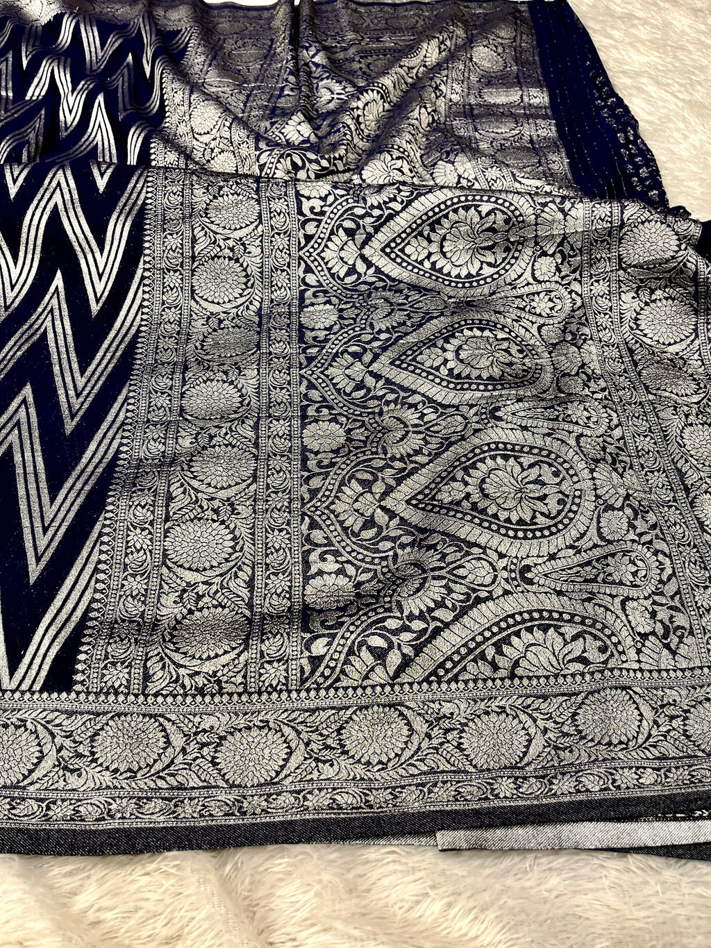 Chinon Silk Zig Zag Design Navy blue Color Saree CN09