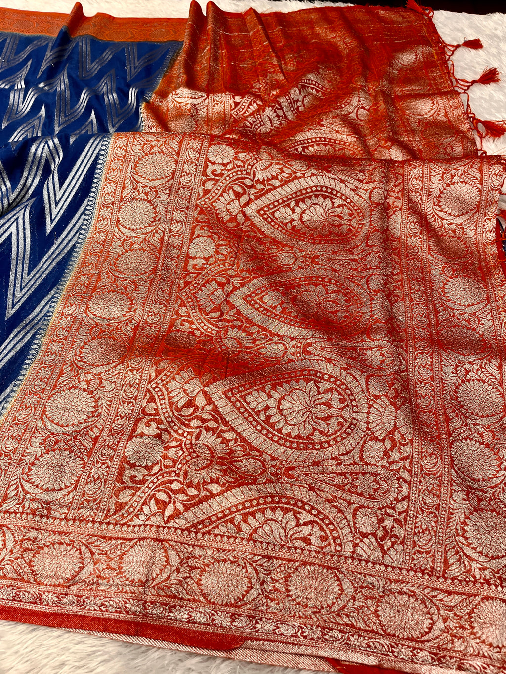 K Chinon Silk Zig Zag Design Navy with Orange Color Saree CN09