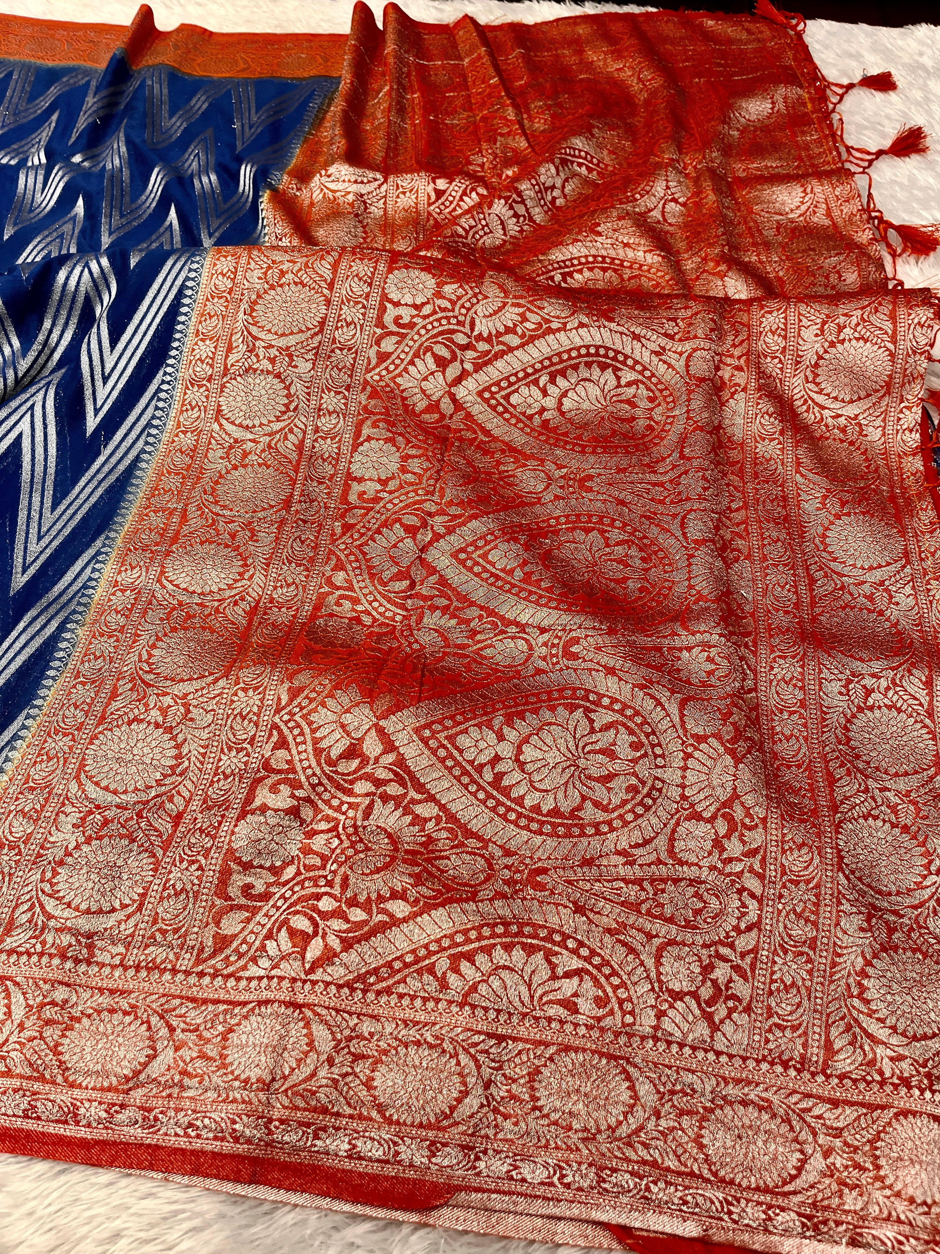 K Chinon Silk Zig Zag Design Navy with Orange Color Saree CN09