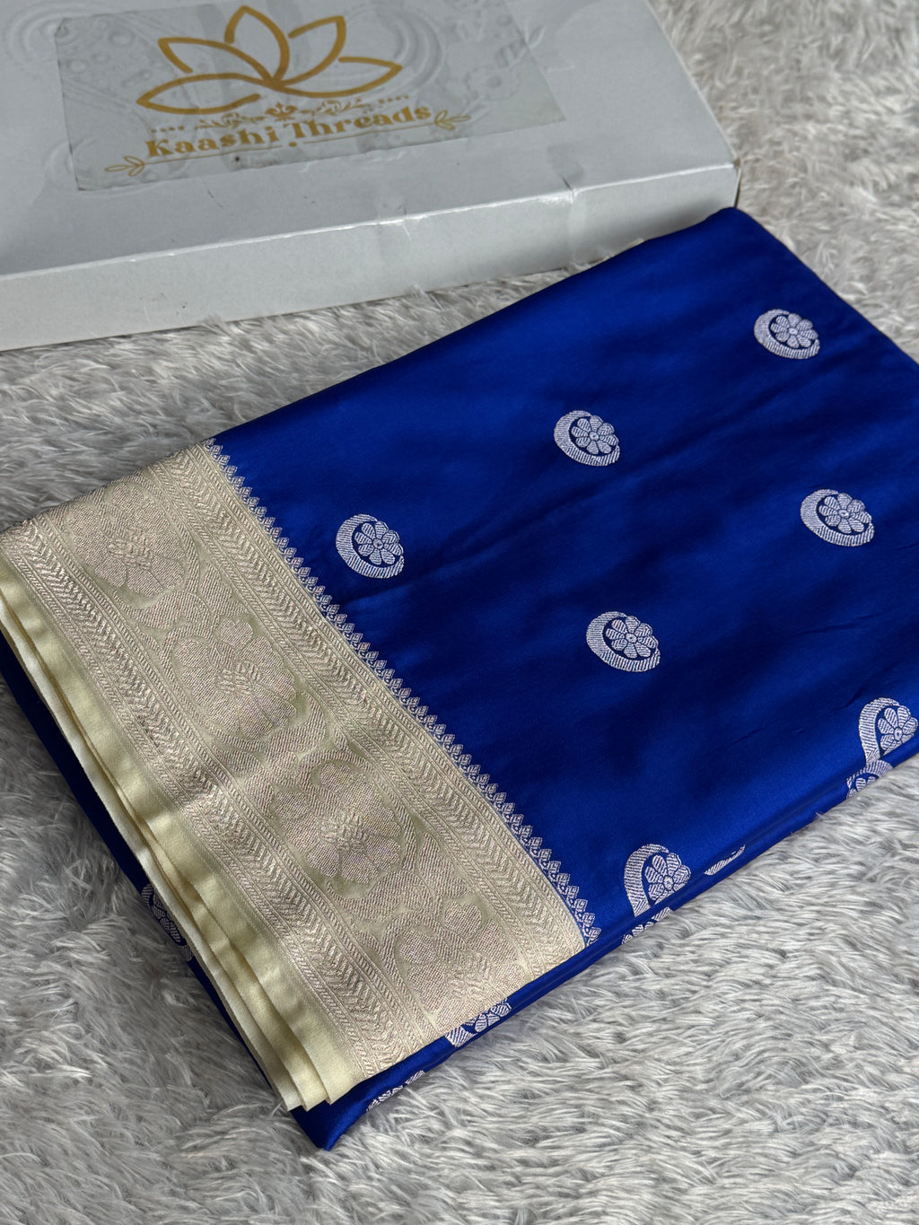 Royal Blue & Beige Mashru Kataan Silk Saree with Chand Taara Zari Buta | Banarasi Saree | MKS785