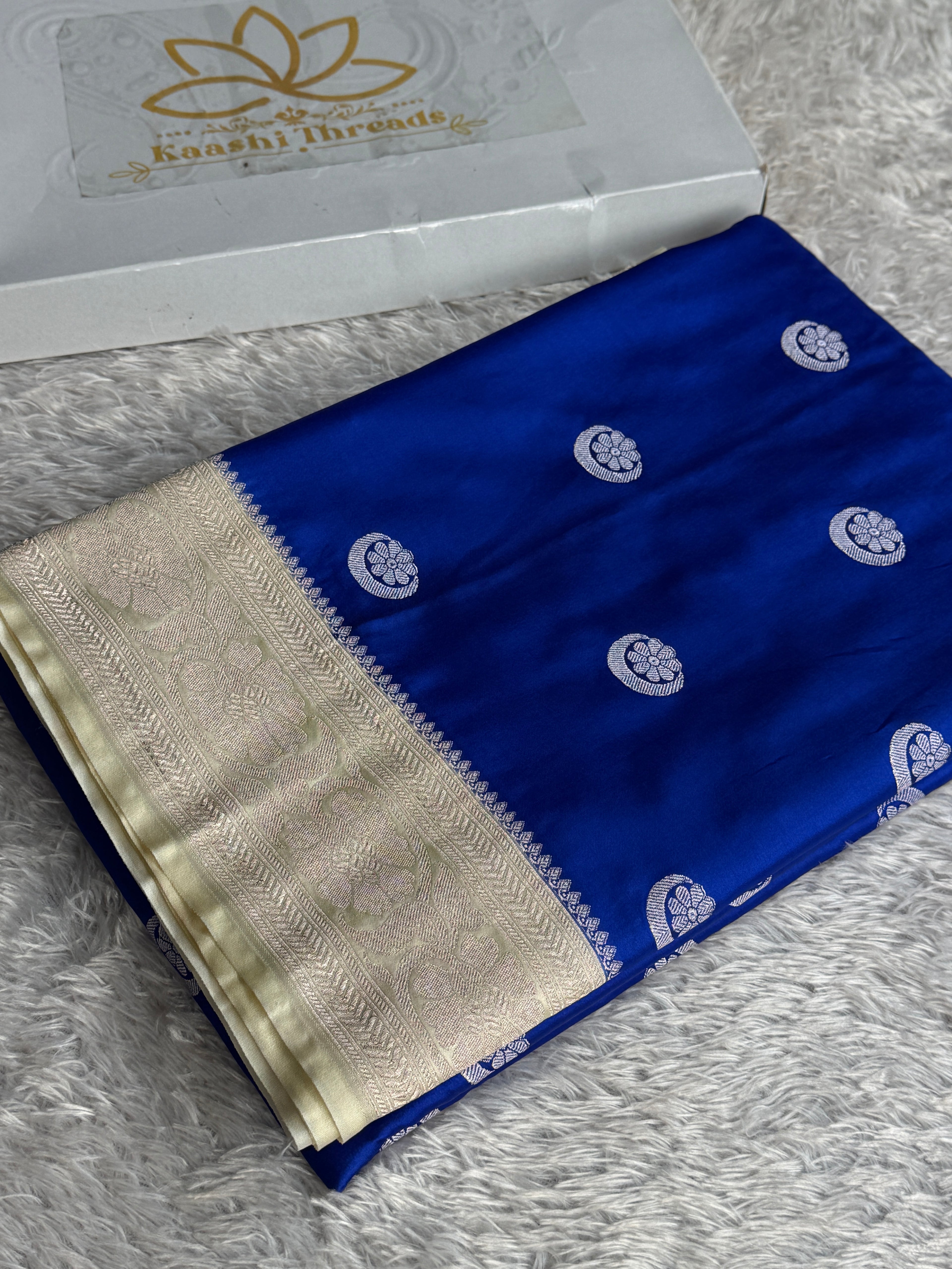 Royal Blue & Beige Mashru Kataan Silk Saree with Chand Taara Zari Buta | Banarasi Saree | MKS785