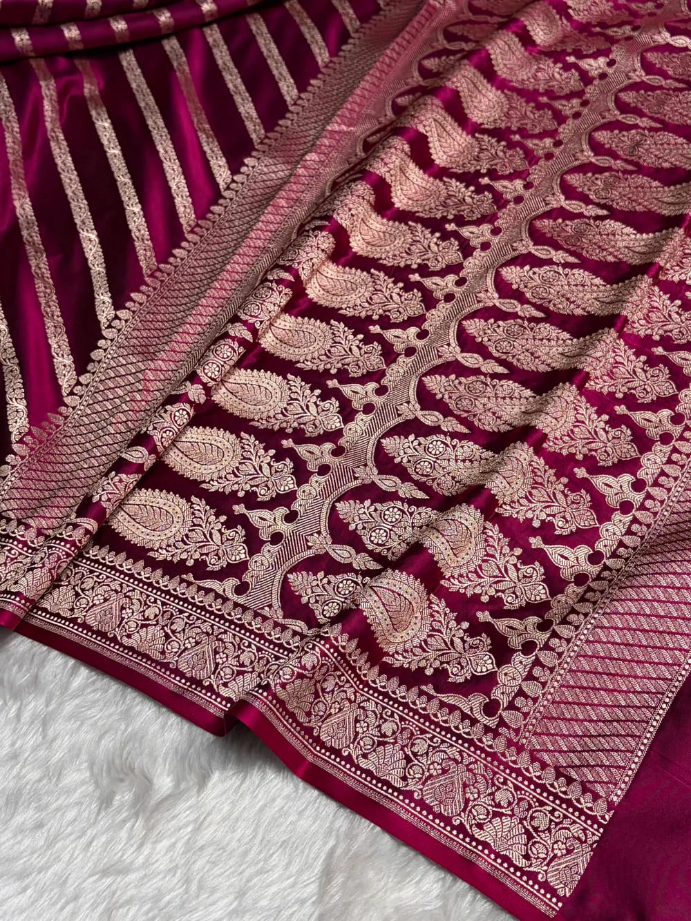 Banarasi Mashru Kataan Silk Saree Featuring Aaddha Zari Weave with Rich Zari Pallu – MKS413