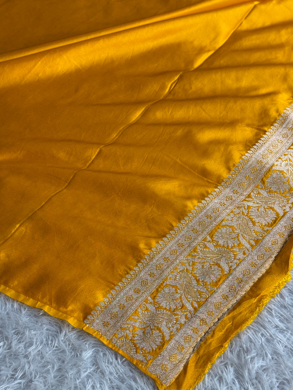 Mustard Yellow Banarasi Mashru Kataan Silk Saree with Zari Buta Weaving | Rich Zari Pallu | MKS637 | Kaashi Threads