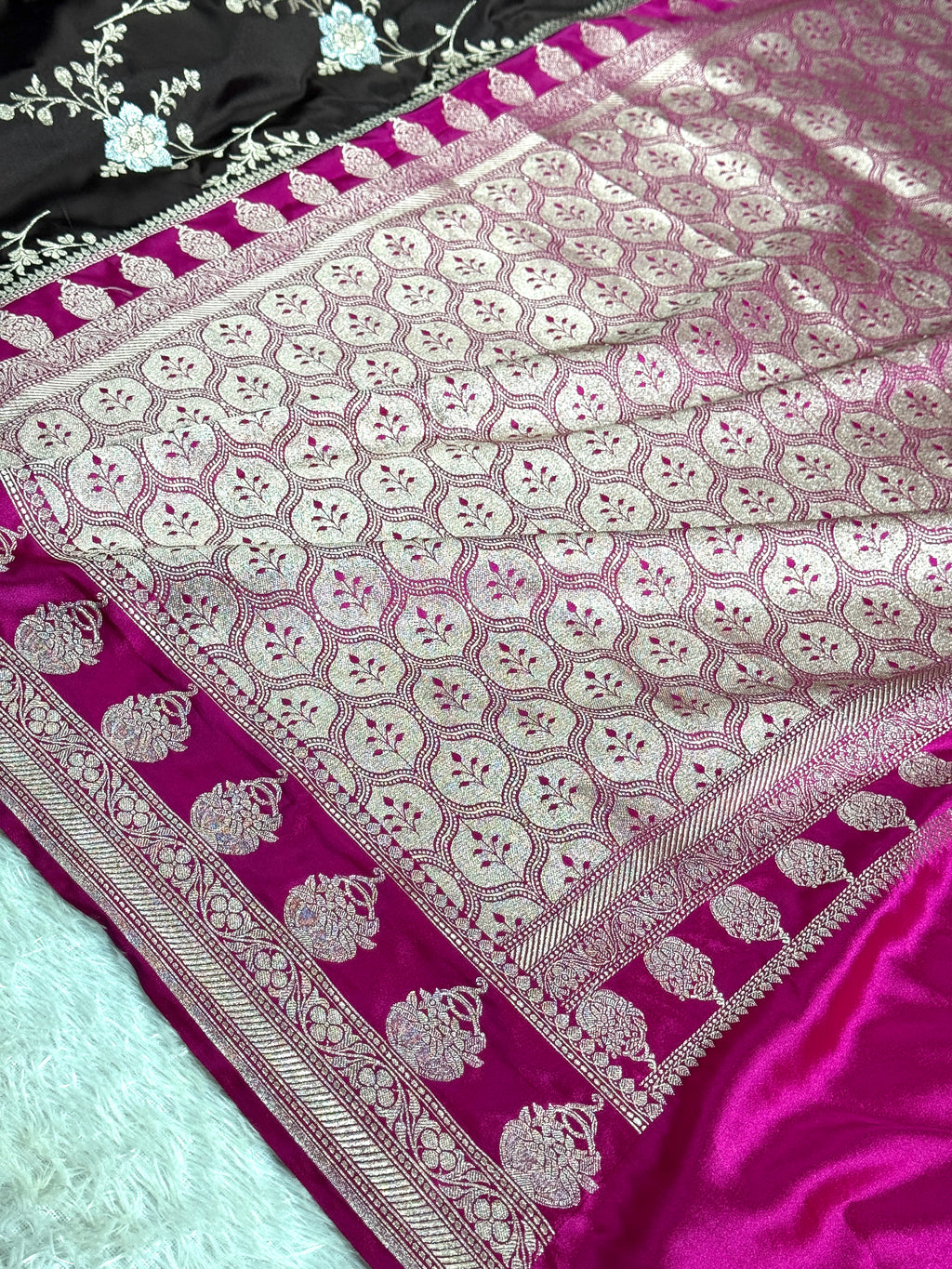 Chocolate Brown Mashru Silk Saree with Silver Zari Meena Jaal & Rani Pink Contrast MKS345