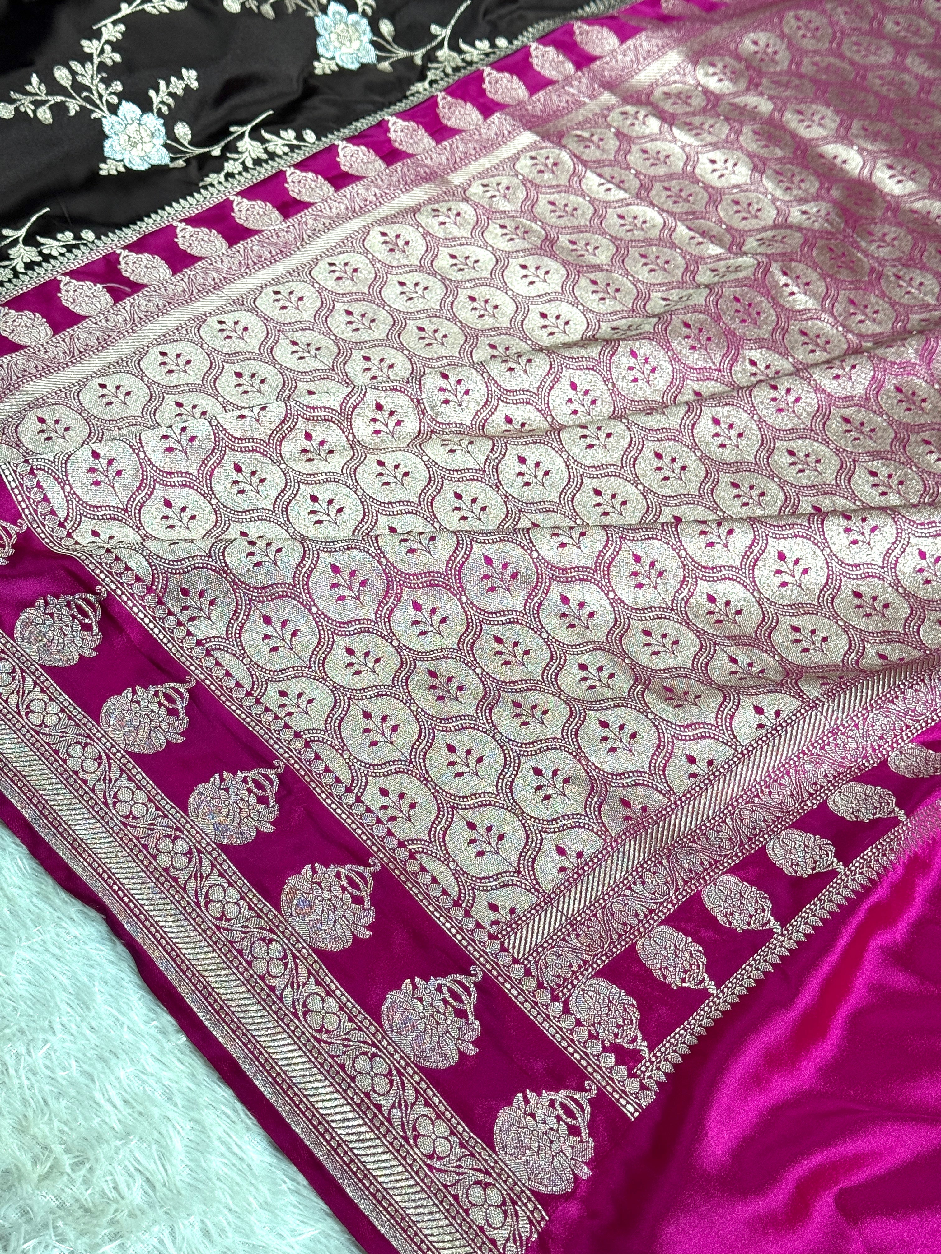 Chocolate Brown Mashru Silk Saree with Silver Zari Meena Jaal & Rani Pink Contrast MKS345