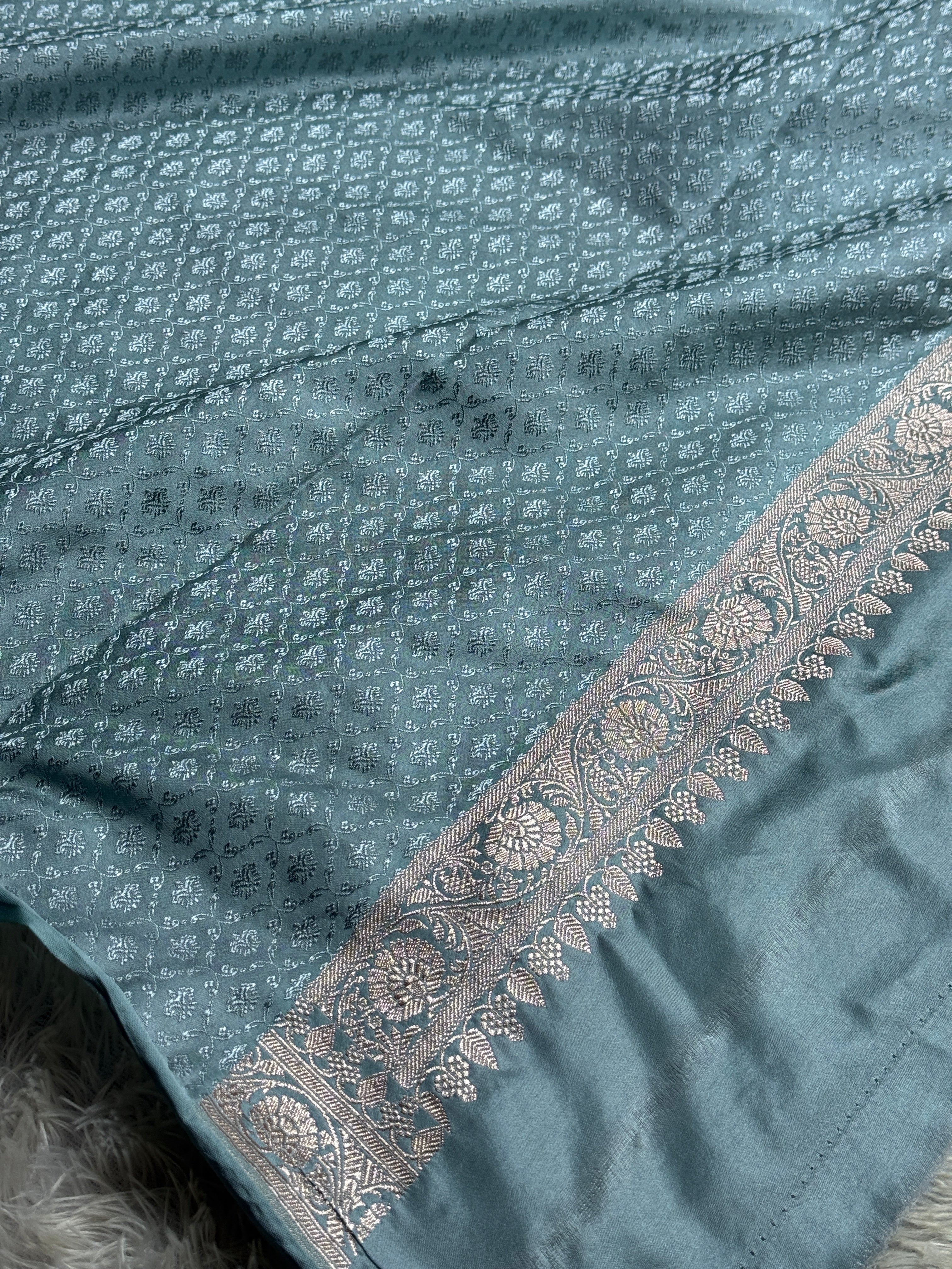 Grey Banarasi Mashru Silk Saree | Satin Finish | Jaal Woven Pattern | Running Blouse MKS228