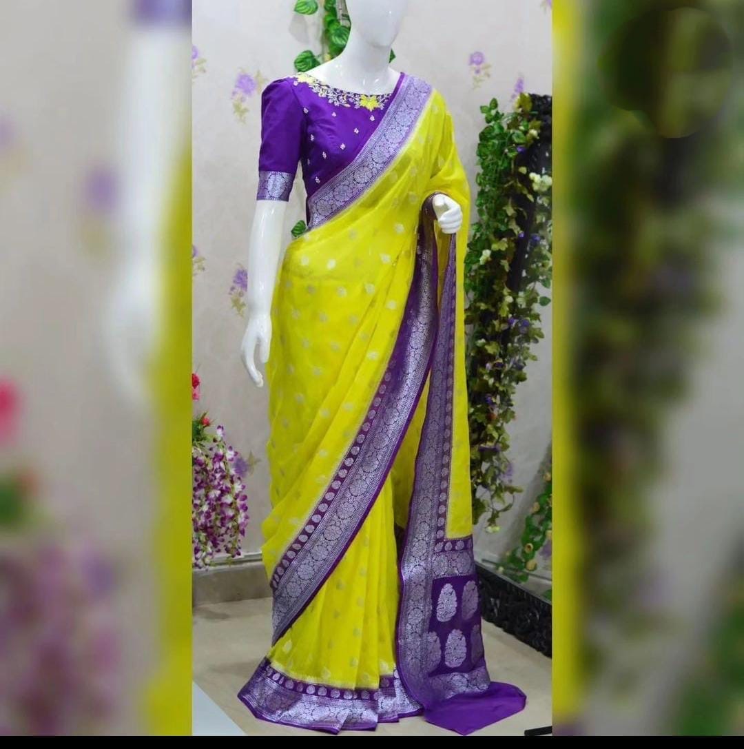 Semi Georgette Silk Saree with Leaf Buta & Rich Zari Pallu – SM61