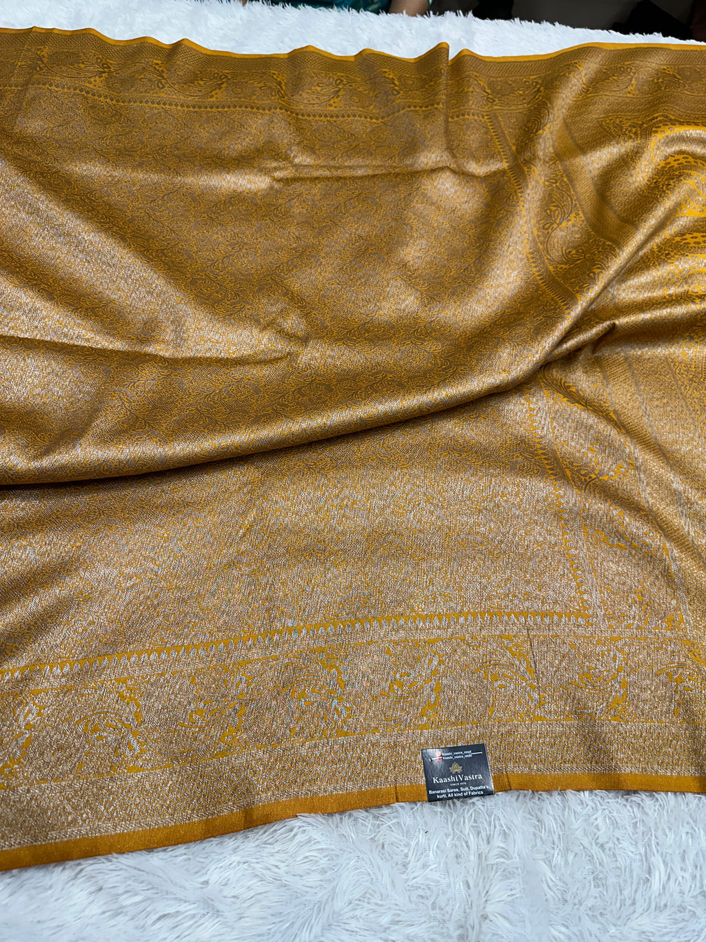 Mustard yellow Banarasi Dupion Silk Saree with Embossed Antique Zari Weaving & Rich Antique Zari Pallu | STF113