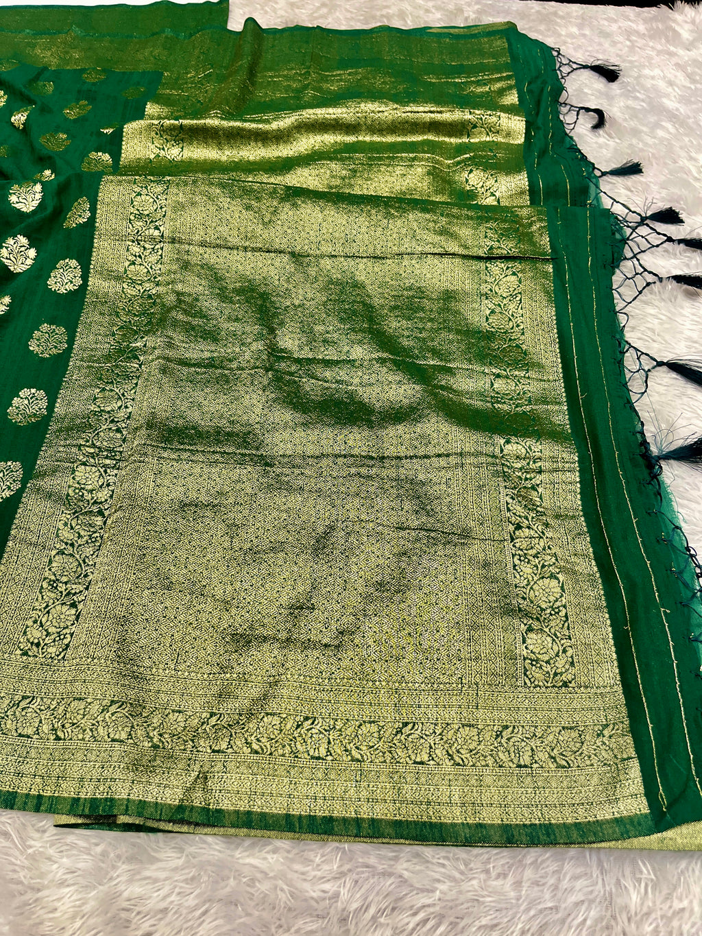Raw Silk Zari Butaa Green color  Saree RS004