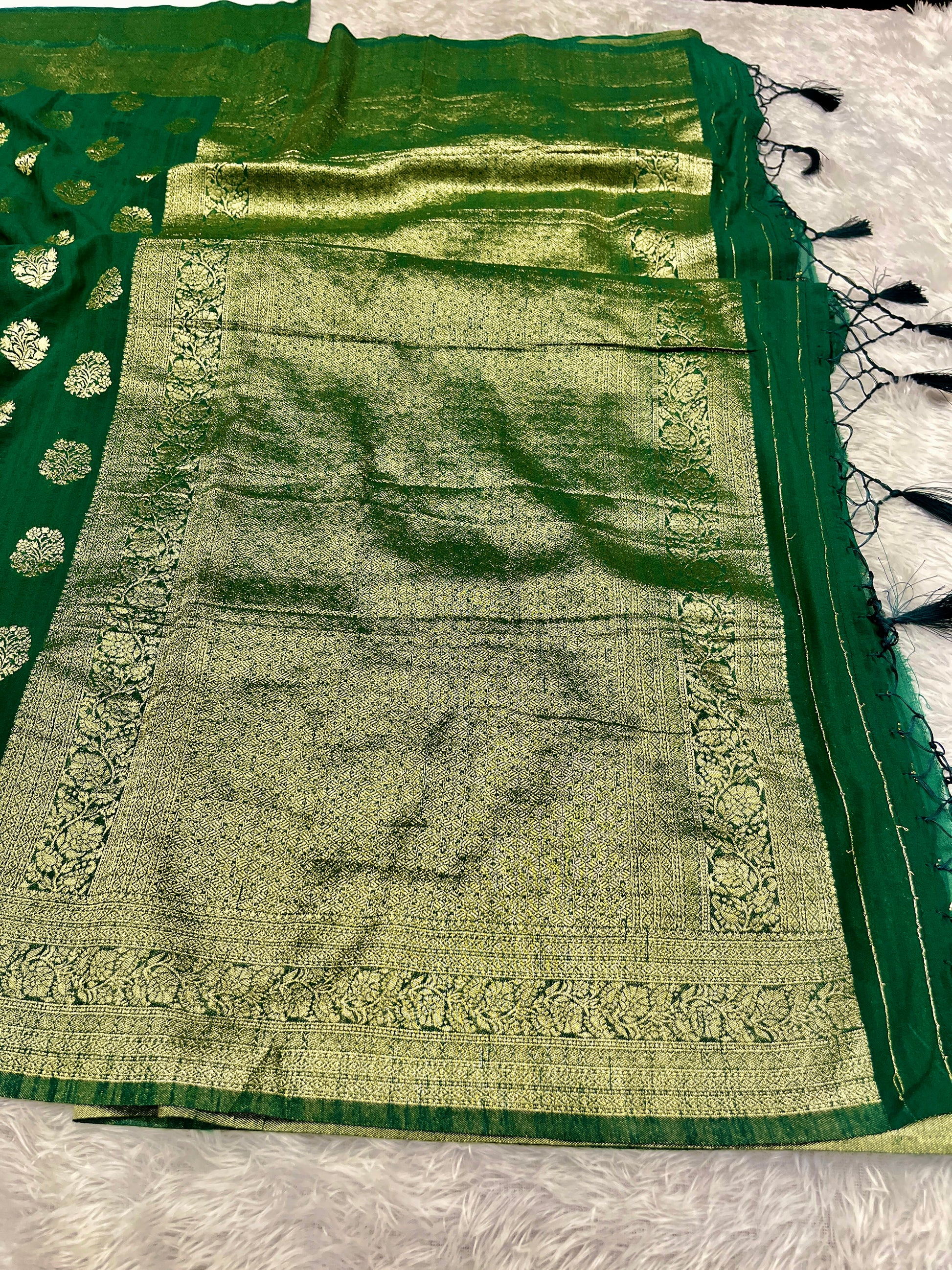 Raw Silk Zari Butaa Green color  Saree RS004